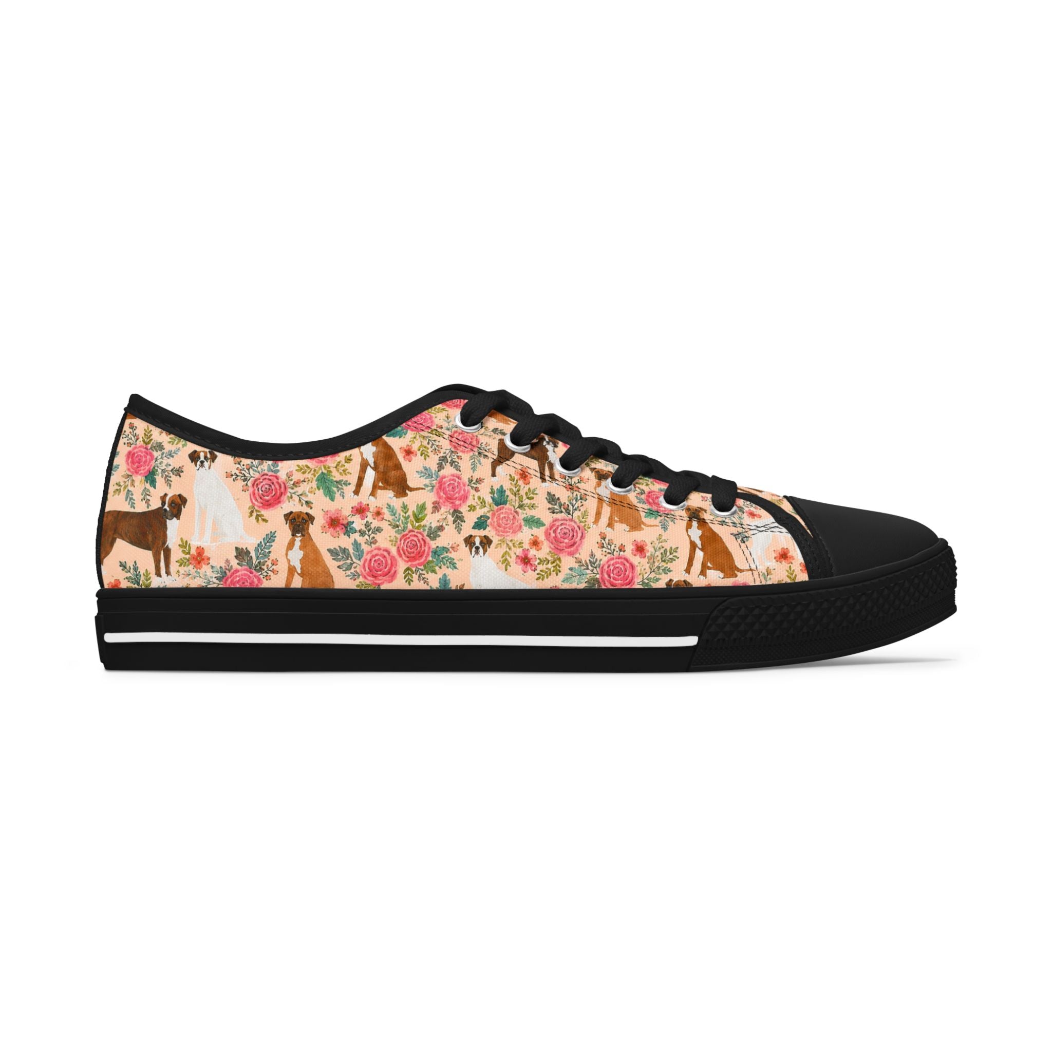 Floral Boxer Dog Pattern Sneakers Women's Low Top Sneakers | Pink Rose Animal Print