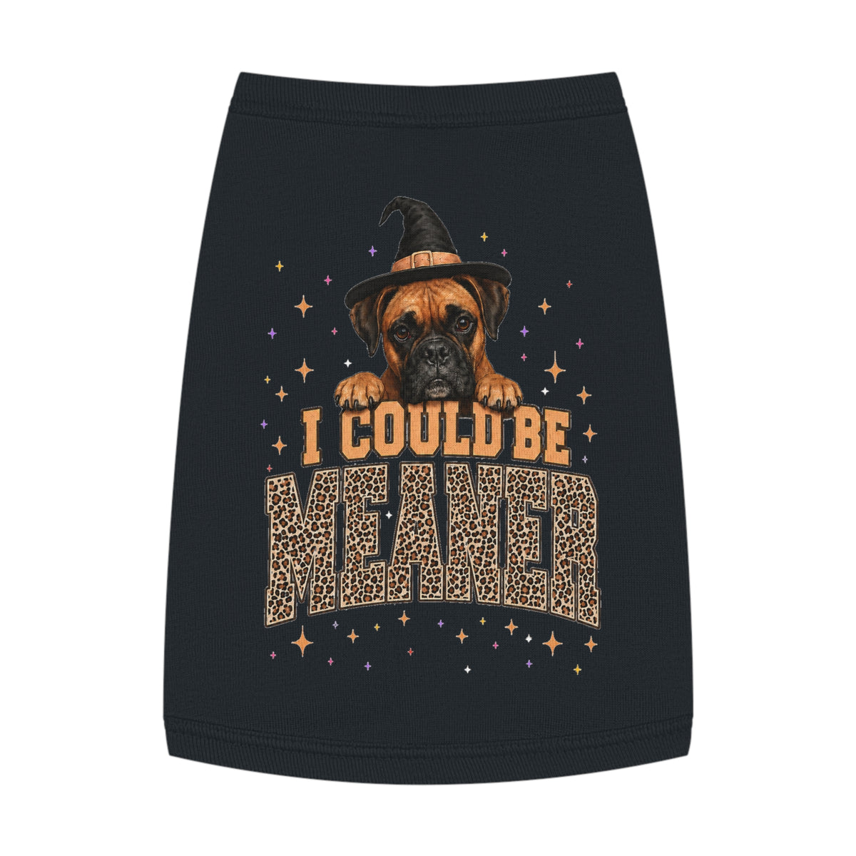 Halloween Dog Tank Top — “I Could Be Mean” Witch Hat & Leopard Print