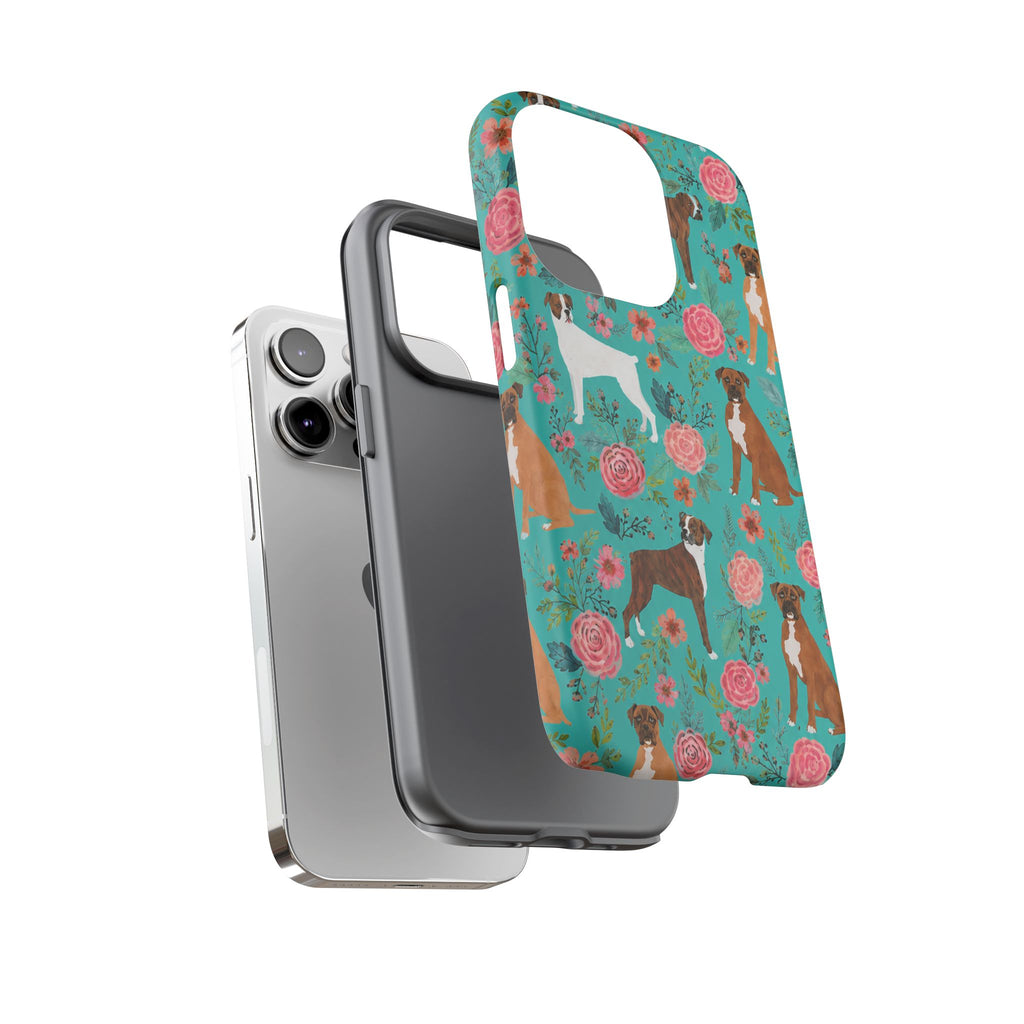 Boxer Dog Floral Phone Case — Teal Patterned Tough Cases