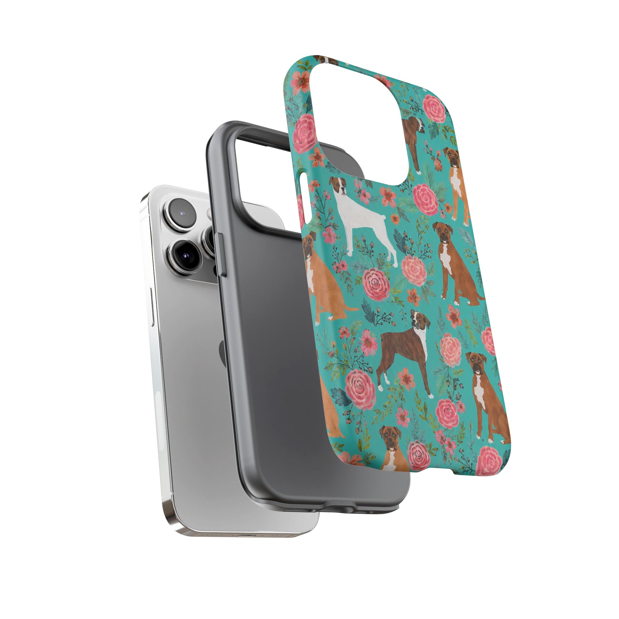 Boxer Dog Floral Phone Case — Teal Patterned Tough Cases