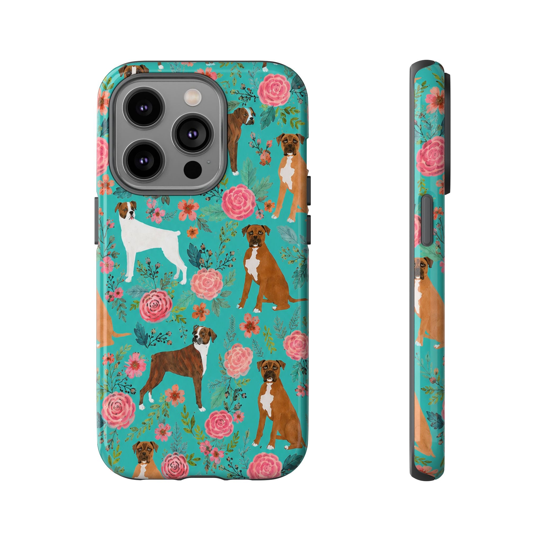 Boxer Dog Floral Phone Case — Teal Patterned Tough Cases