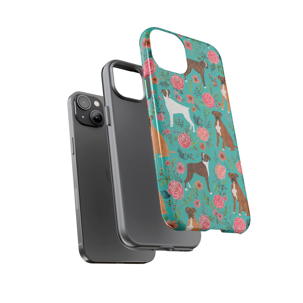 Boxer Dog Floral Phone Case — Teal Patterned Tough Cases
