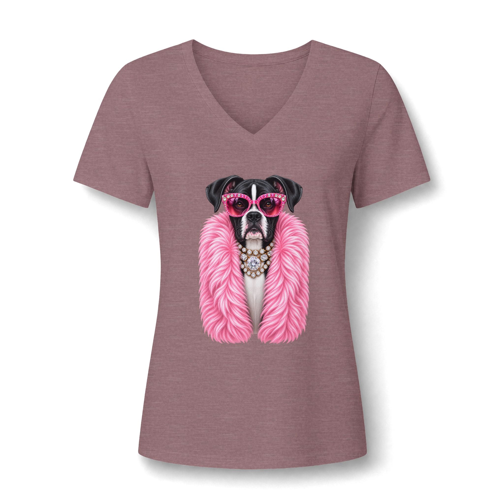 Women's V-Neck Tee — Glam Boxer Dog Graphic (Pink Fur & Sunglasses)