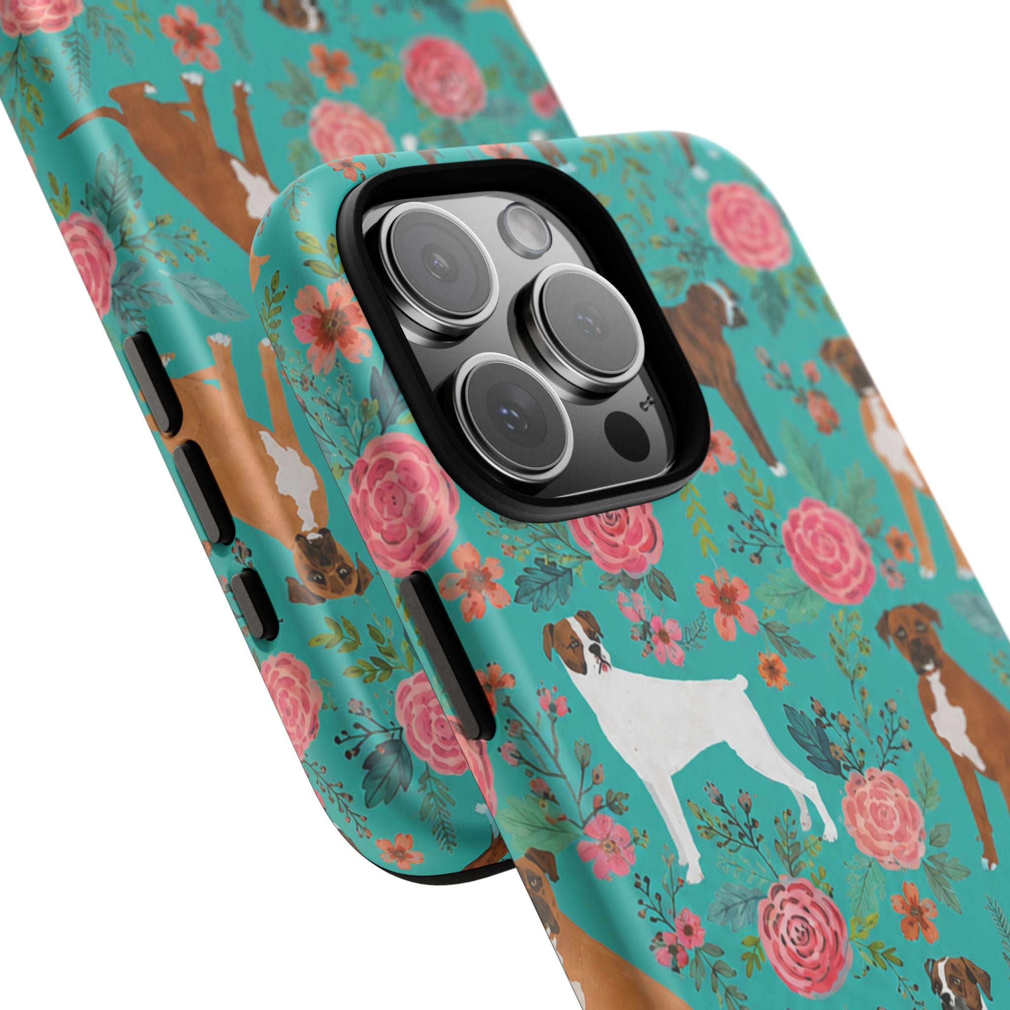 Boxer Dog Floral Phone Case — Teal Patterned Tough Cases