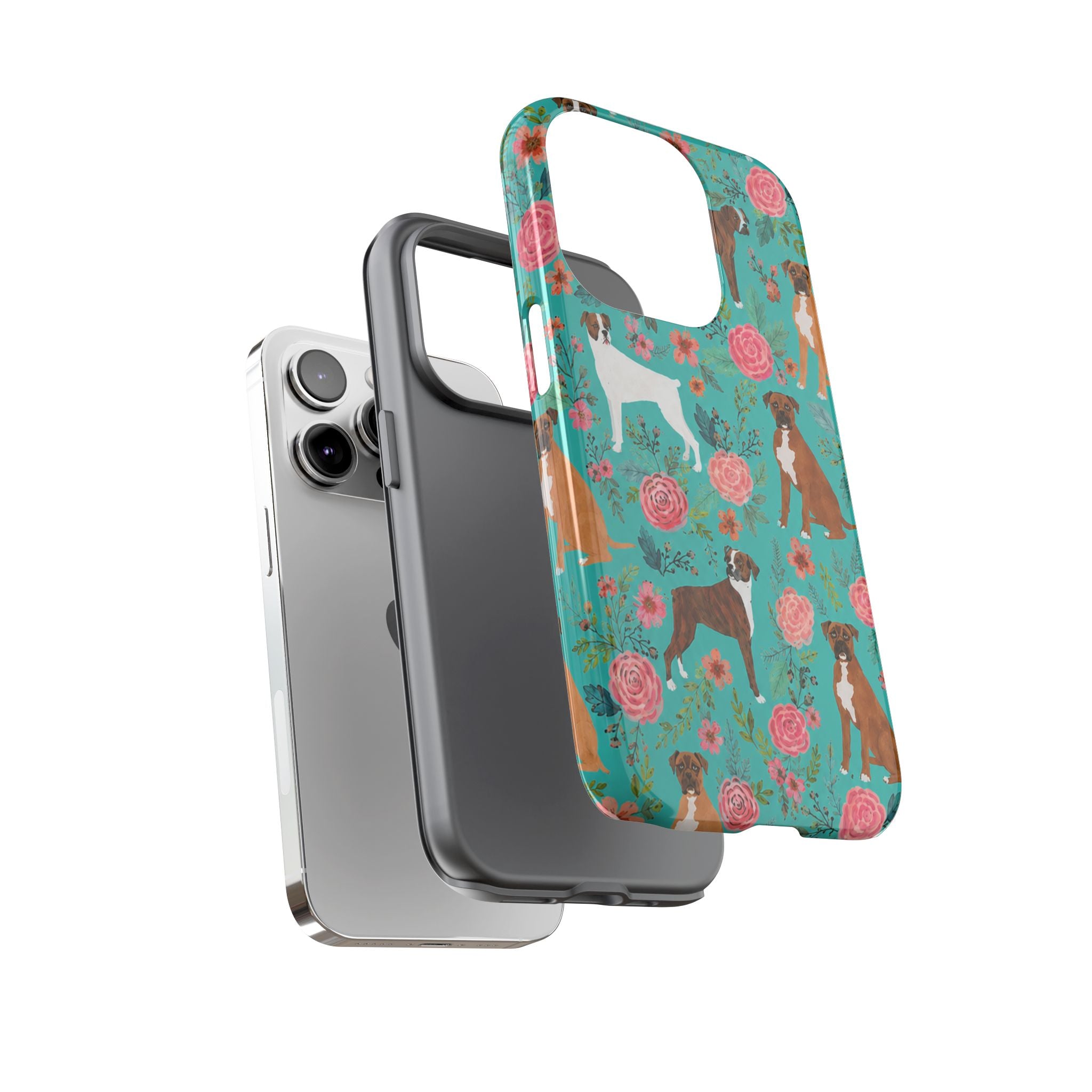 Boxer Dog Floral Phone Case — Teal Patterned Tough Cases