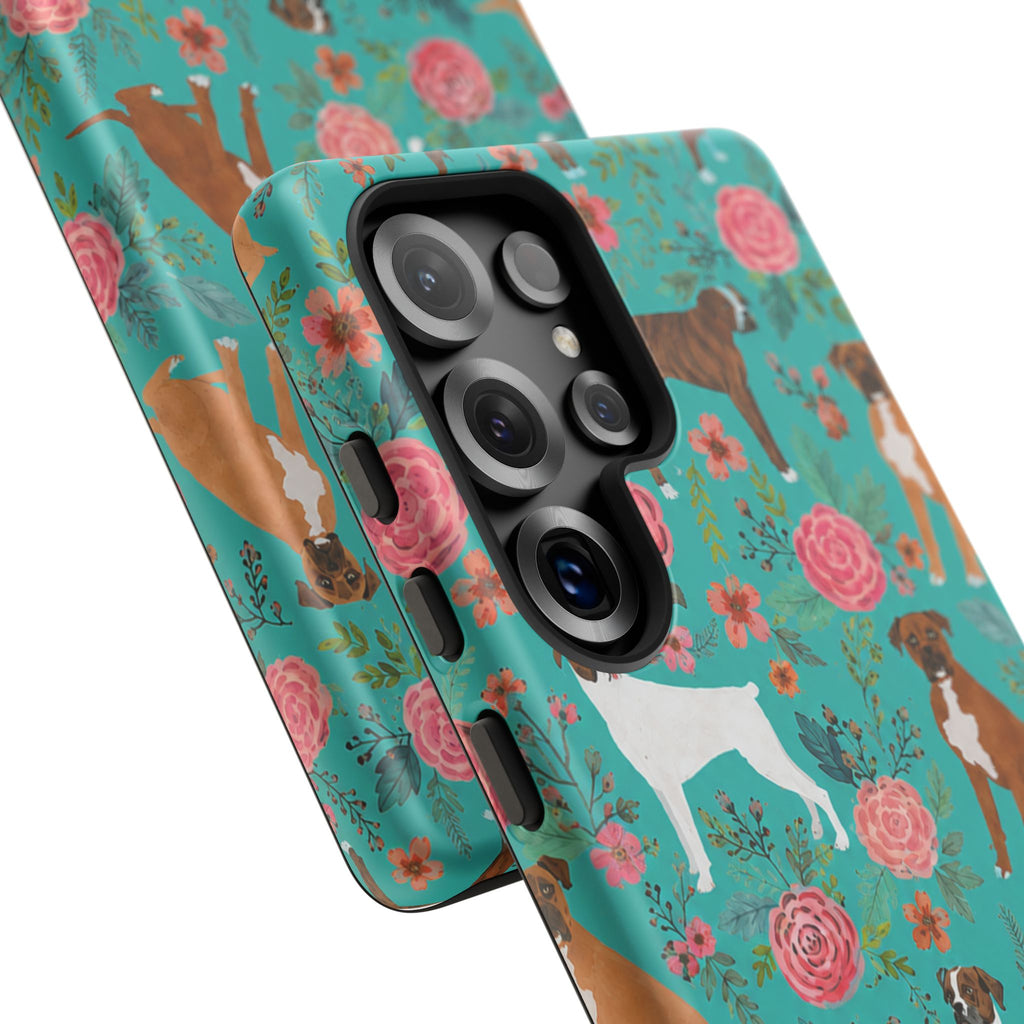 Boxer Dog Floral Phone Case — Teal Patterned Tough Cases