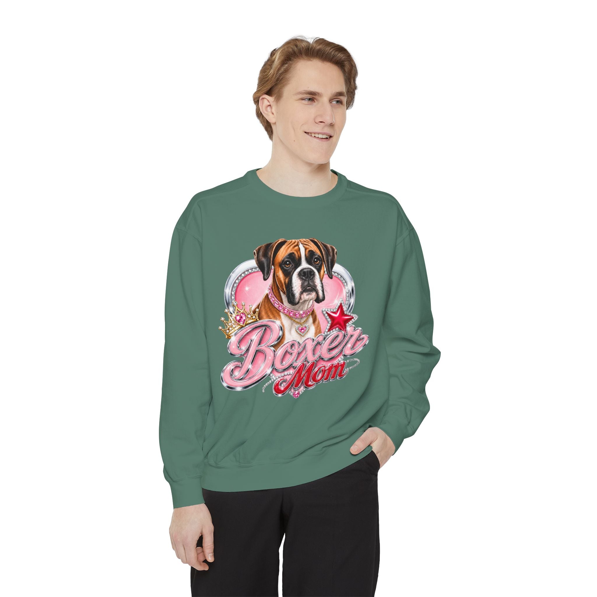 Boxer Mom Sweatshirt — Cute Pink Dog Graphic Crewneck