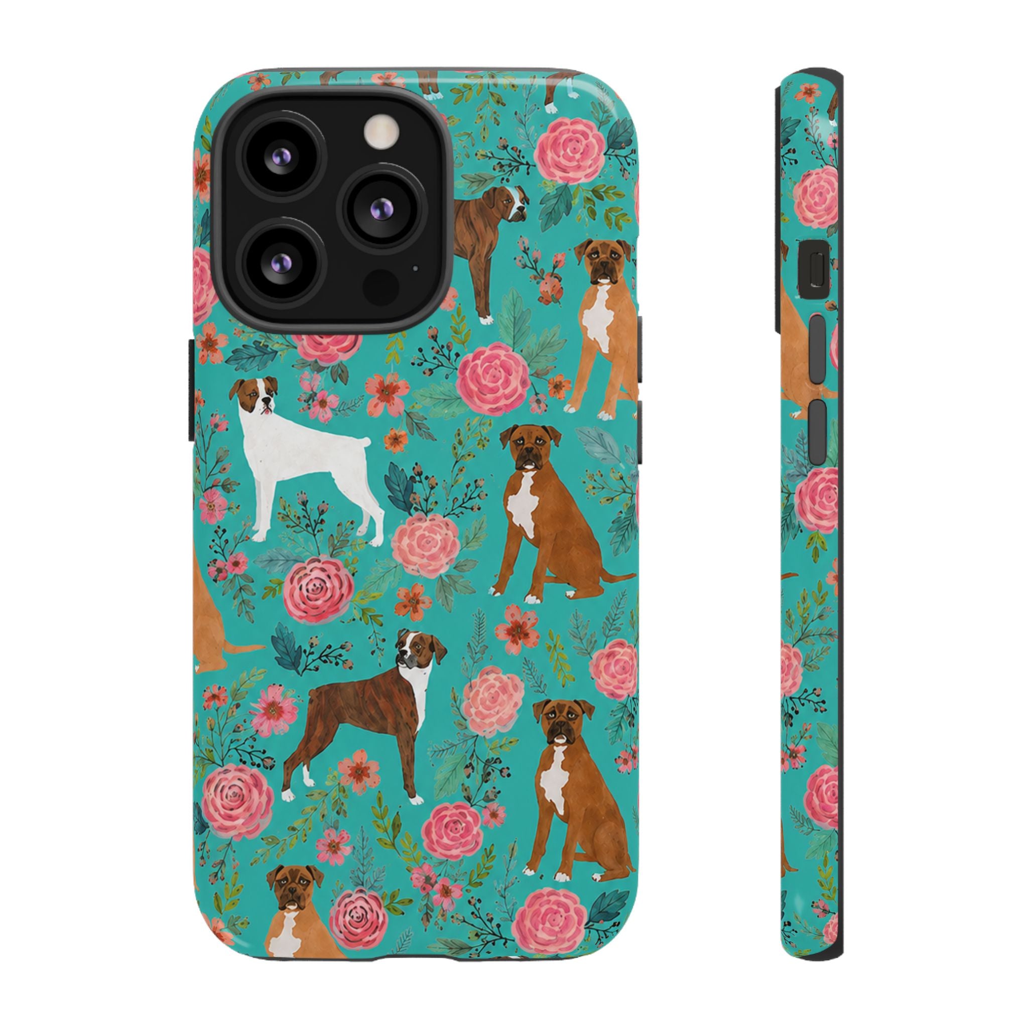 Boxer Dog Floral Phone Case — Teal Patterned Tough Cases
