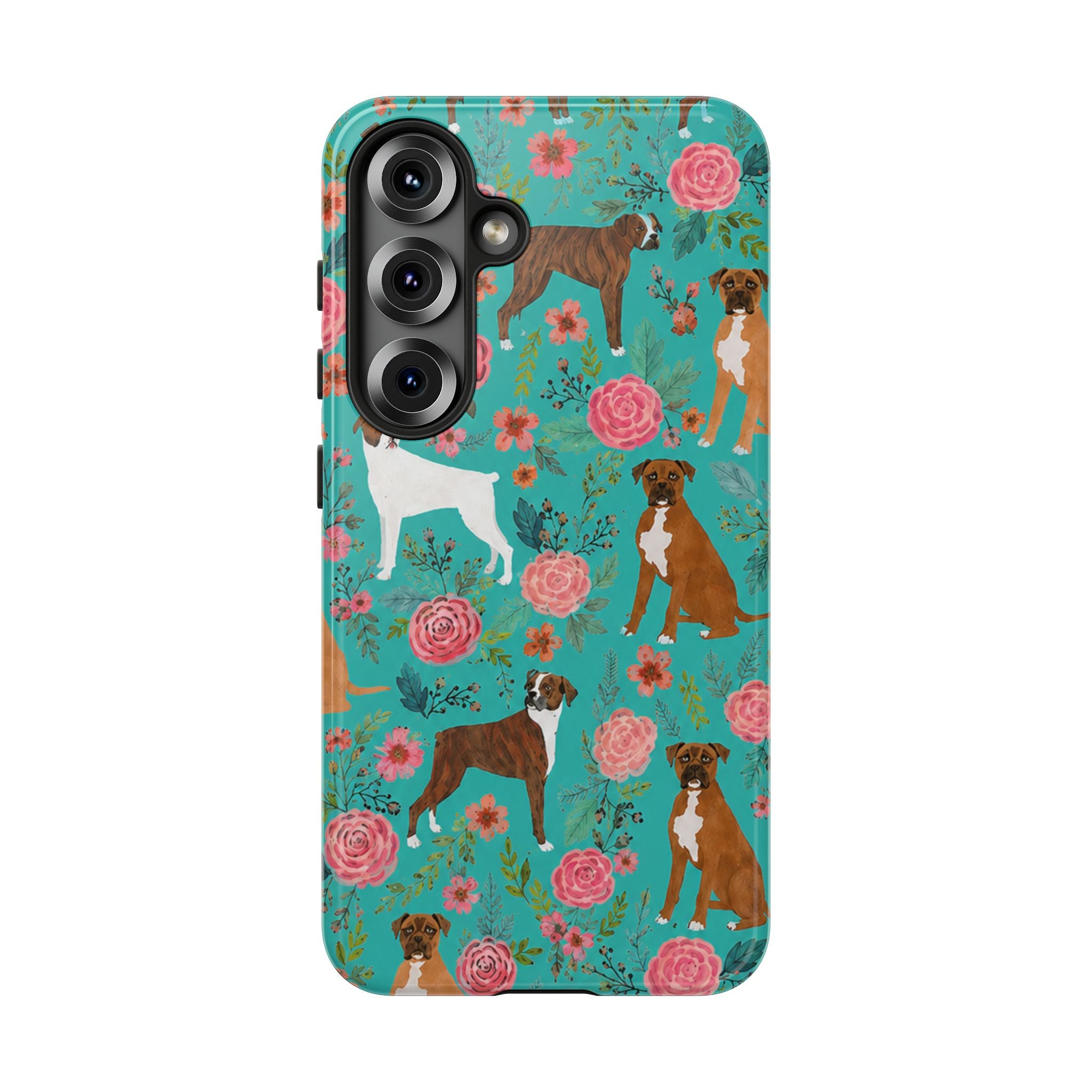 Boxer Dog Floral Phone Case — Teal Patterned Tough Cases