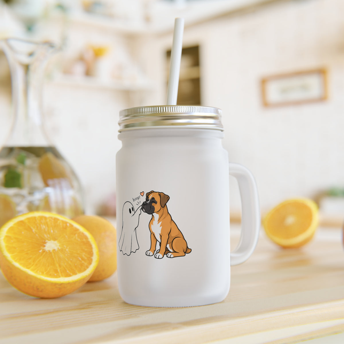 Mason Jar Tumbler with Cute Ghost & Puppy Design — Halloween Drink Jar