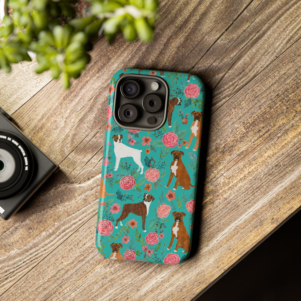 Boxer Dog Floral Phone Case — Teal Patterned Tough Cases