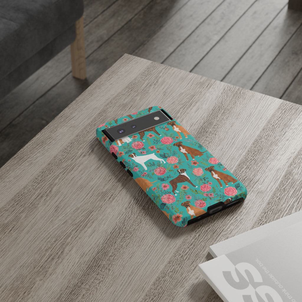 Boxer Dog Floral Phone Case — Teal Patterned Tough Cases