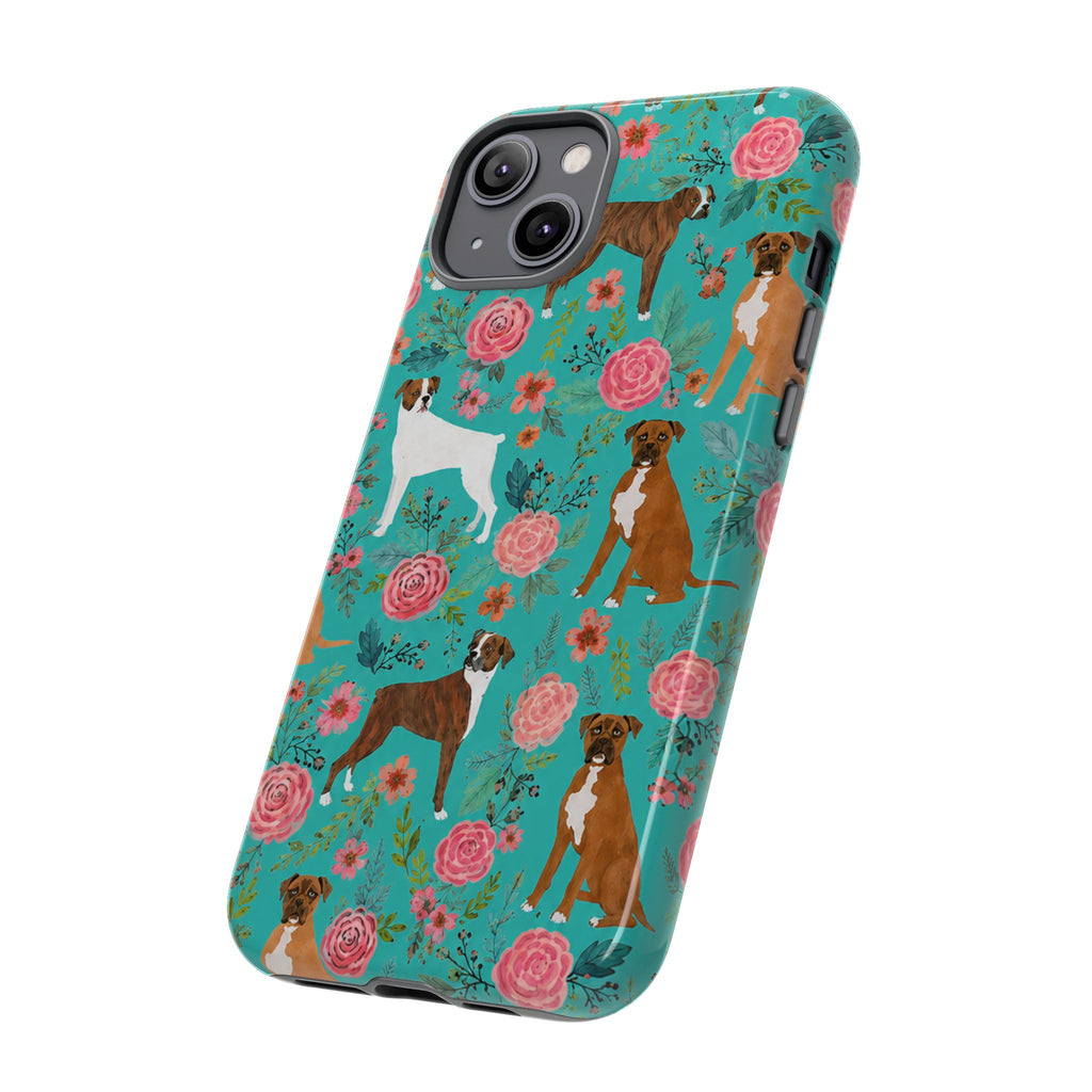 Boxer Dog Floral Phone Case — Teal Patterned Tough Cases