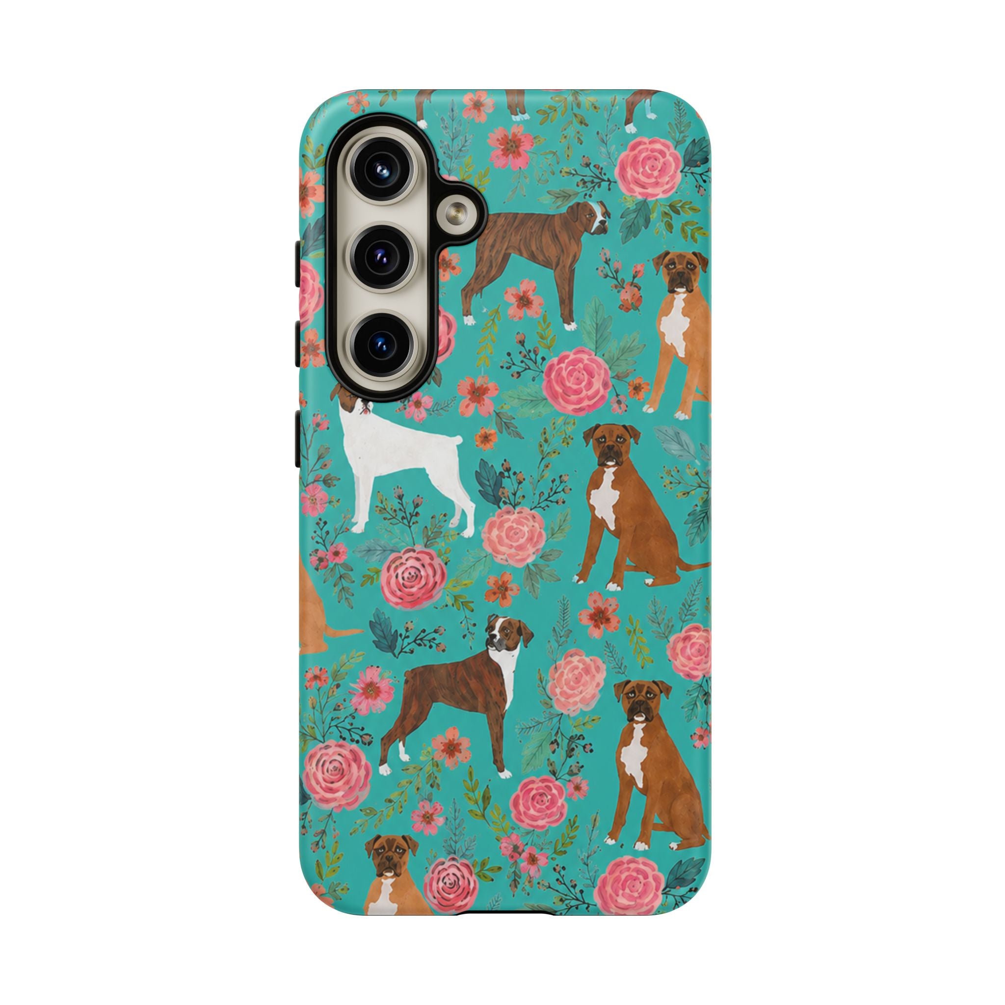 Boxer Dog Floral Phone Case — Teal Patterned Tough Cases