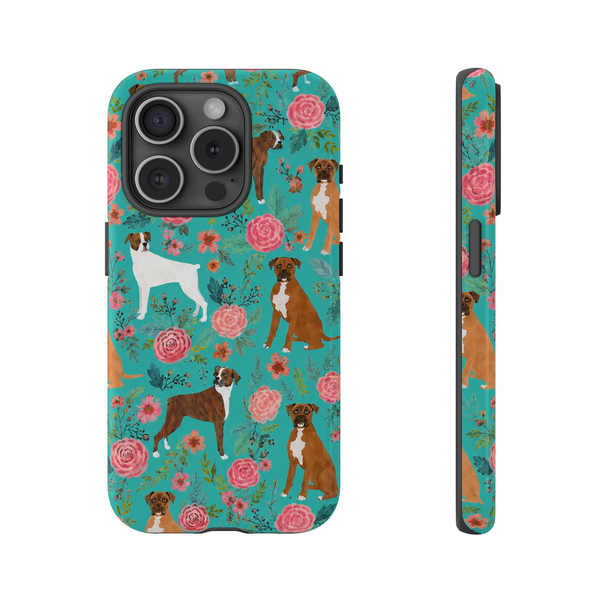 Boxer Dog Floral Phone Case — Teal Patterned Tough Cases