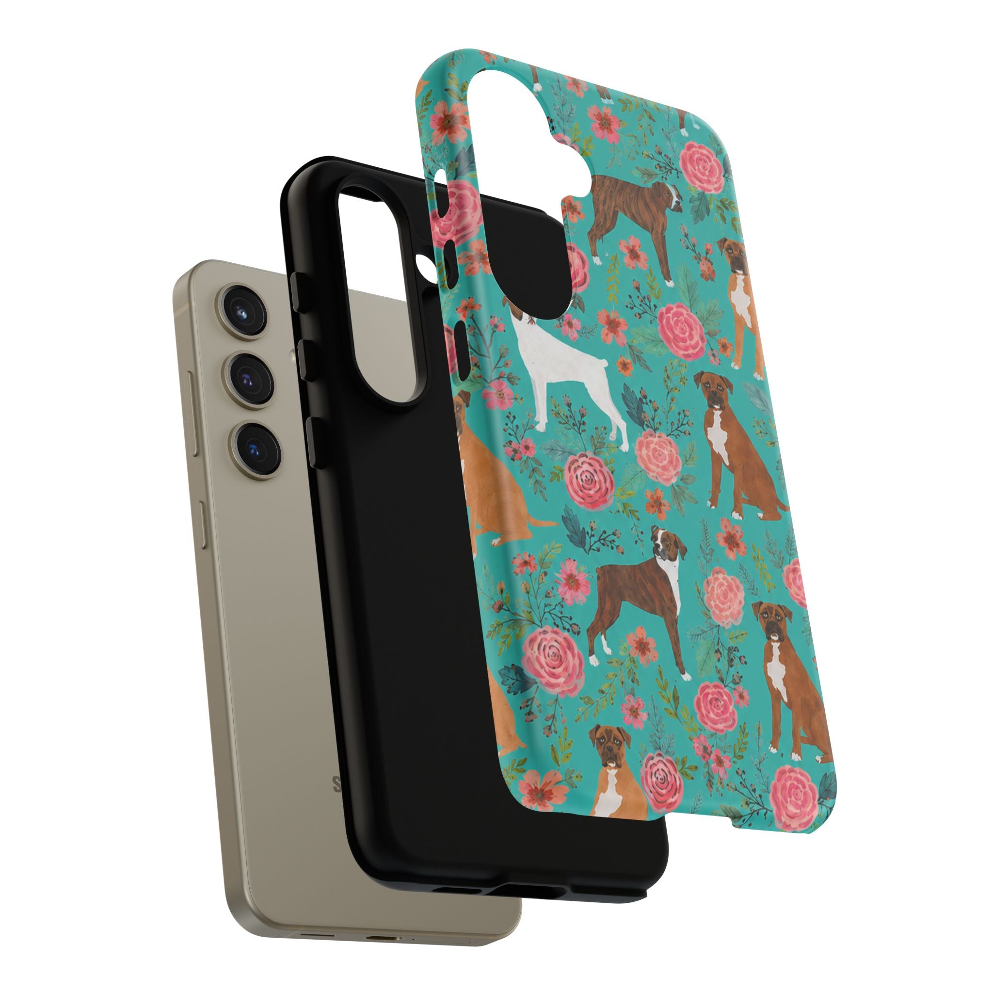 Boxer Dog Floral Phone Case — Teal Patterned Tough Cases