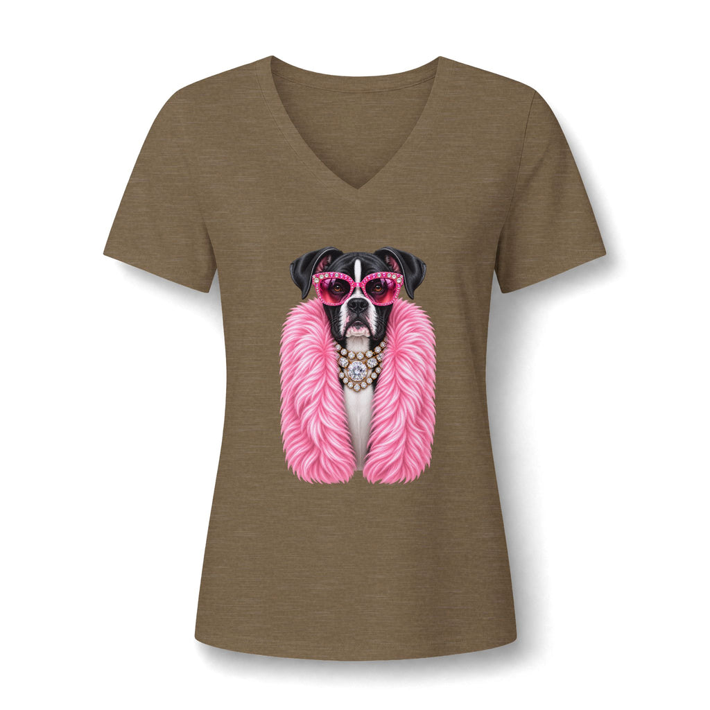 Women's V-Neck Tee — Glam Boxer Dog Graphic (Pink Fur & Sunglasses)