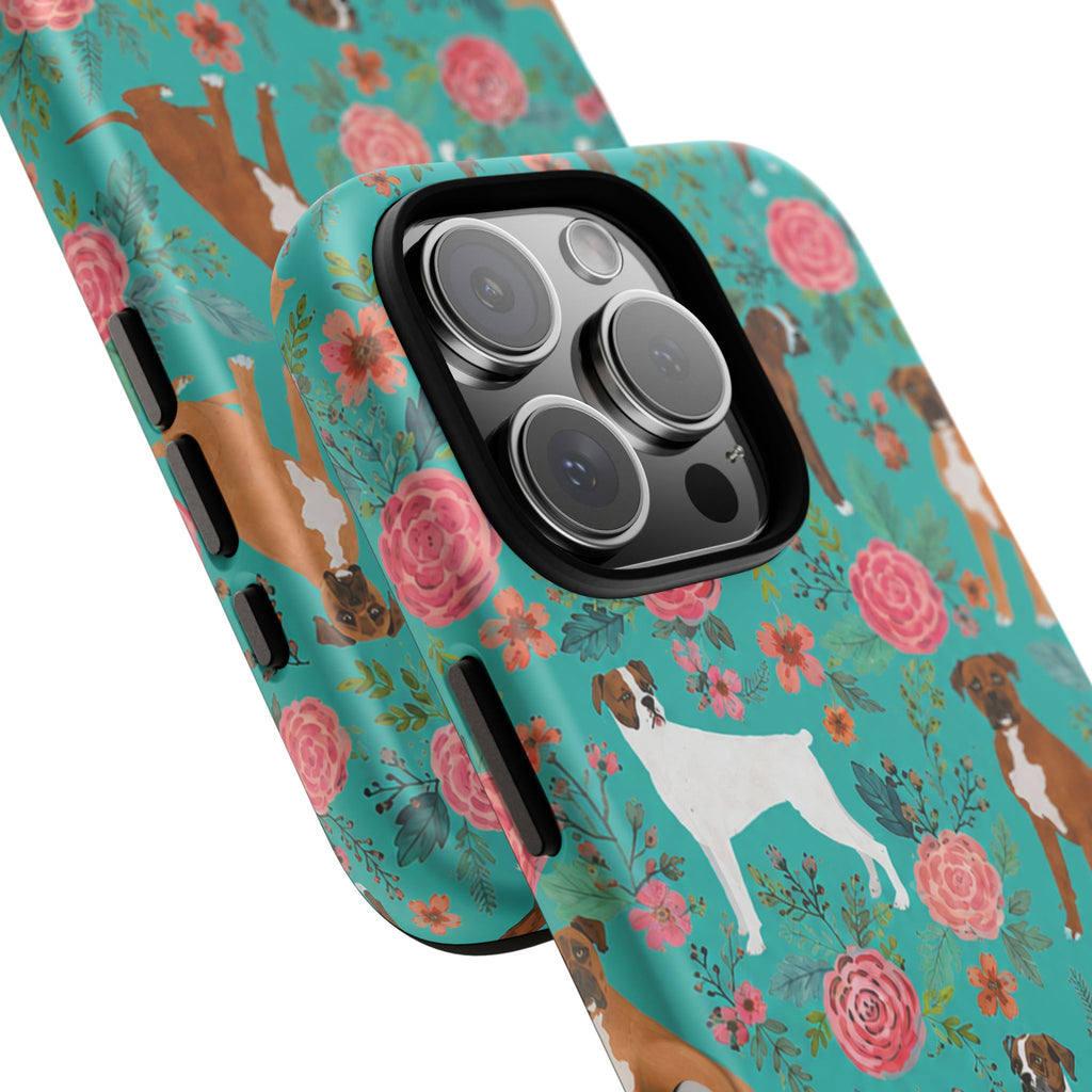 Boxer Dog Floral Phone Case — Teal Patterned Tough Cases
