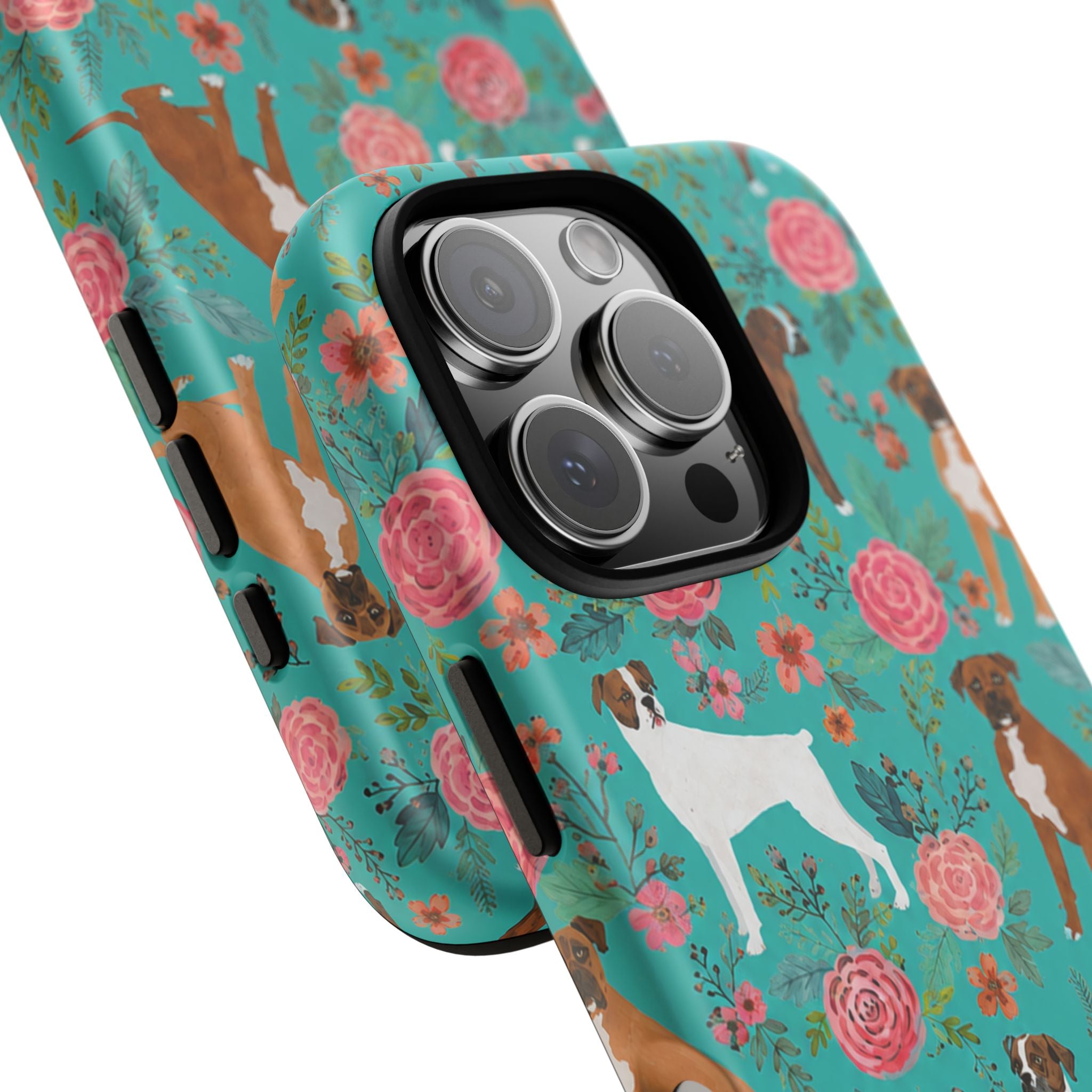 Boxer Dog Floral Phone Case — Teal Patterned Tough Cases
