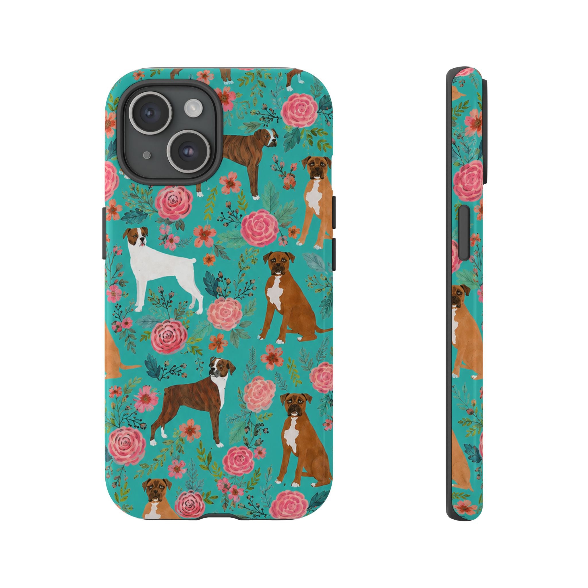 Boxer Dog Floral Phone Case — Teal Patterned Tough Cases