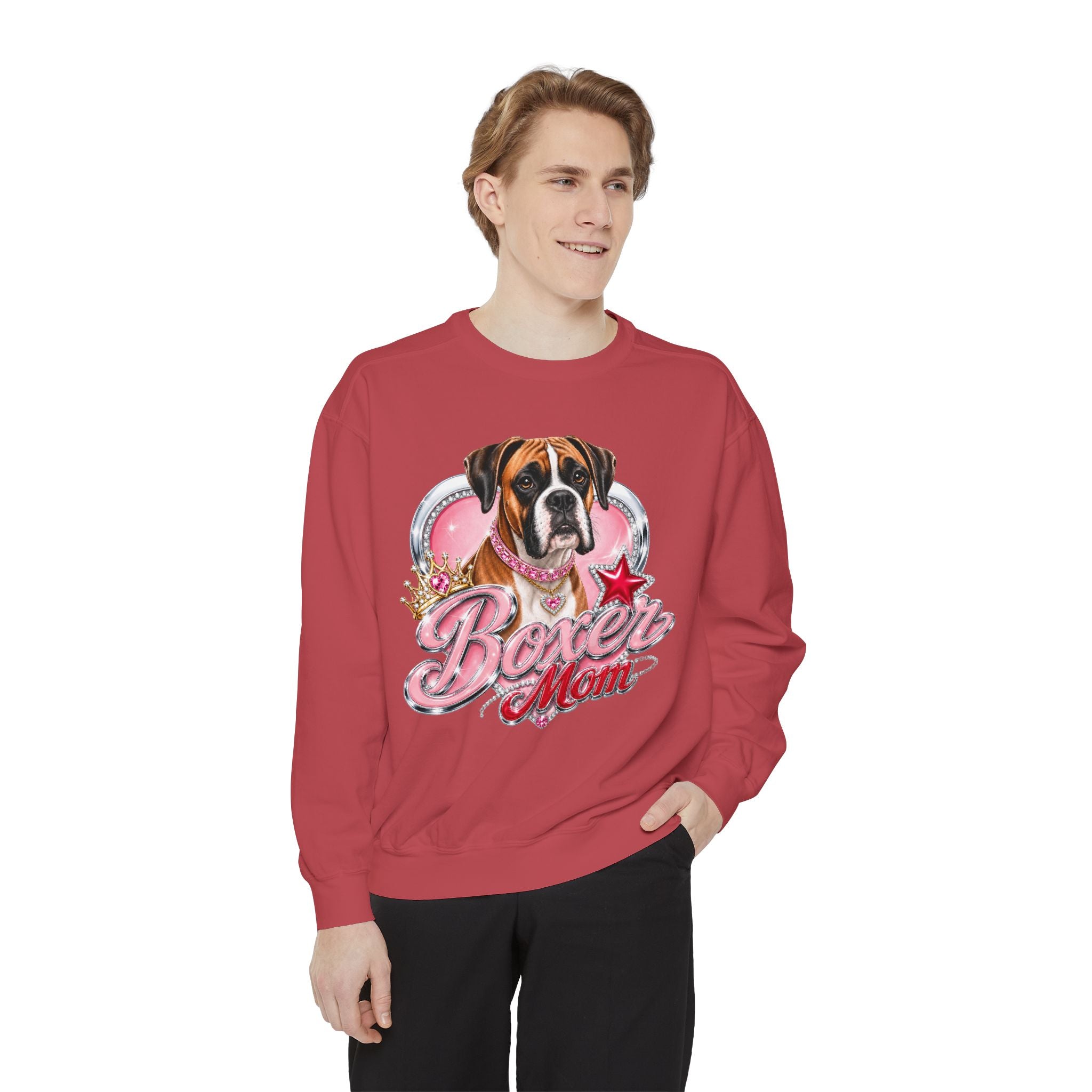 Boxer Mom Sweatshirt — Cute Pink Dog Graphic Crewneck