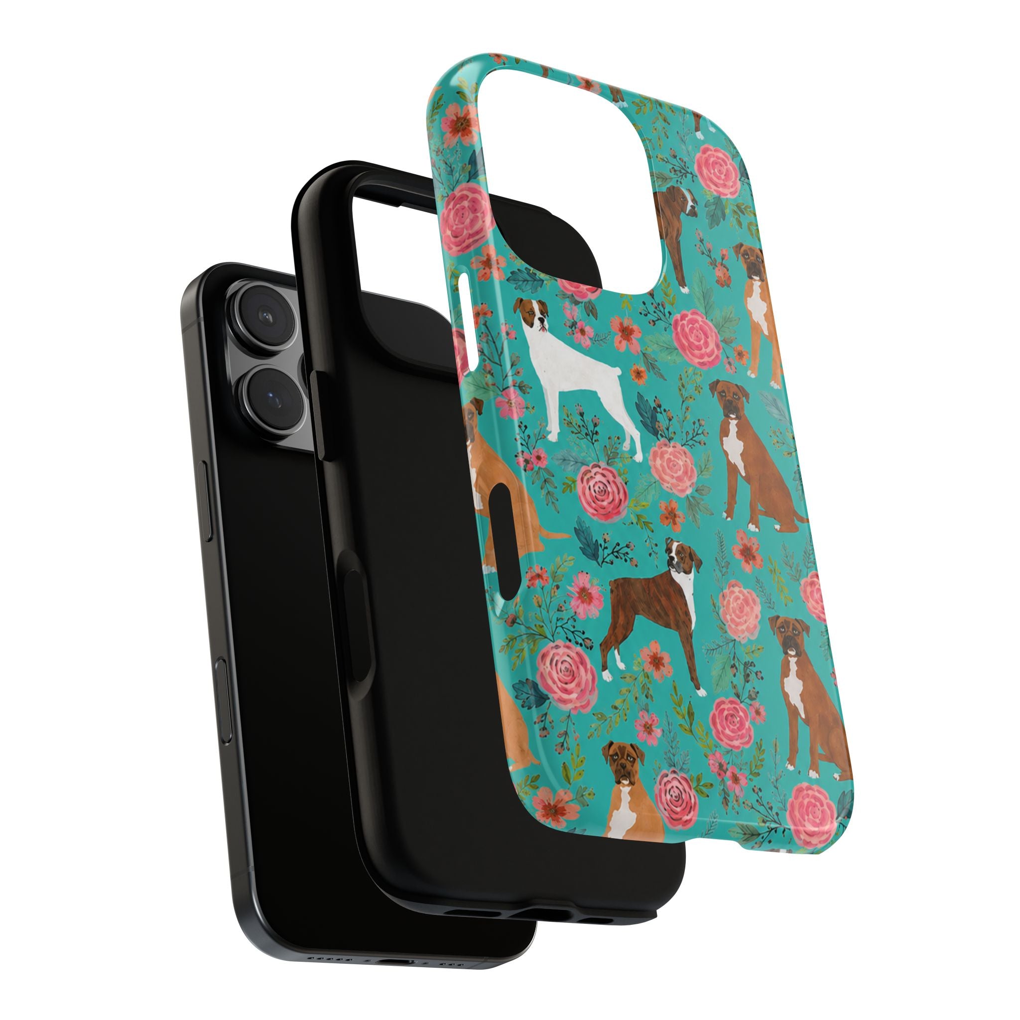 Boxer Dog Floral Phone Case — Teal Patterned Tough Cases