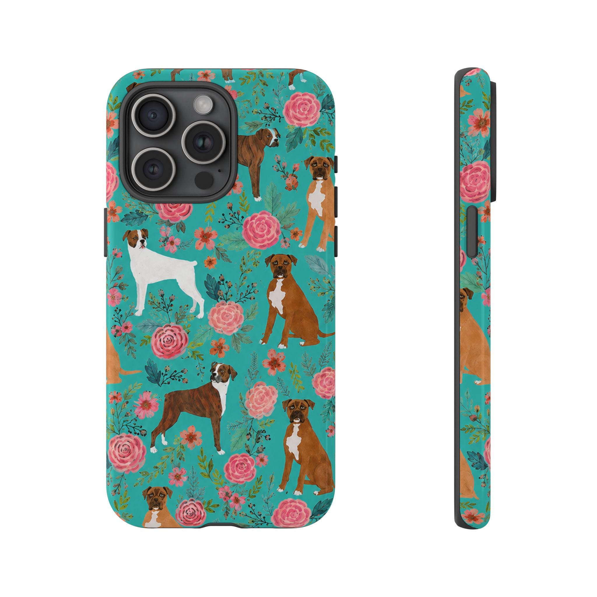 Boxer Dog Floral Phone Case — Teal Patterned Tough Cases