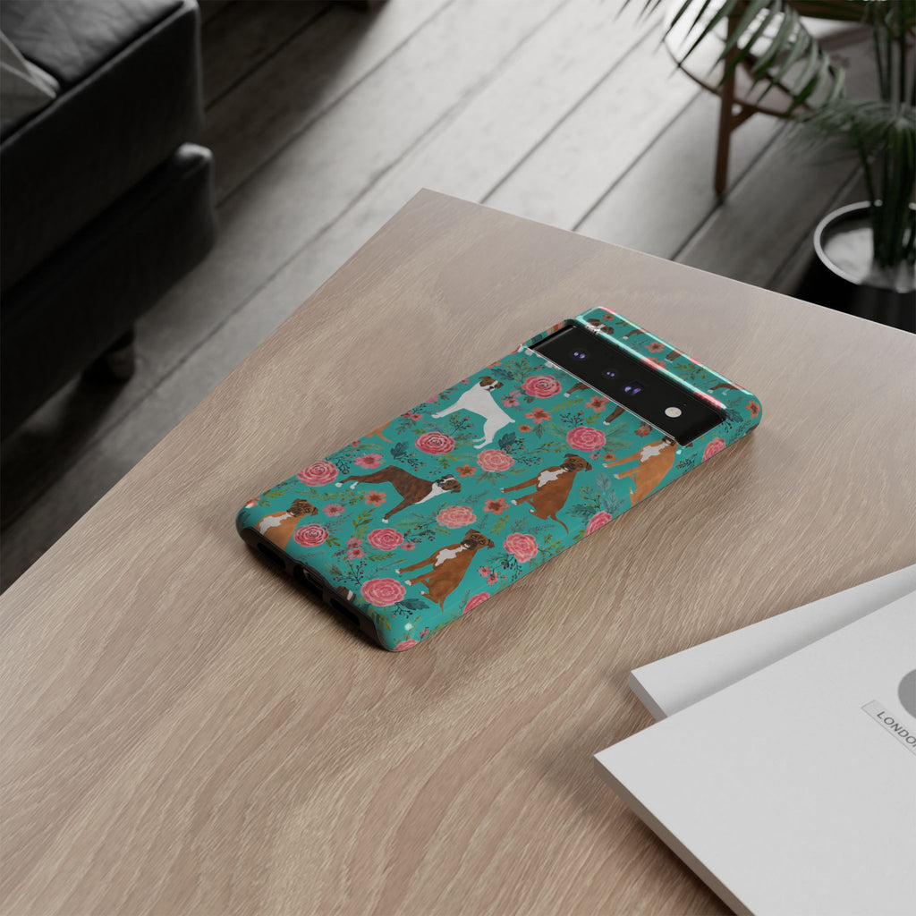 Boxer Dog Floral Phone Case — Teal Patterned Tough Cases