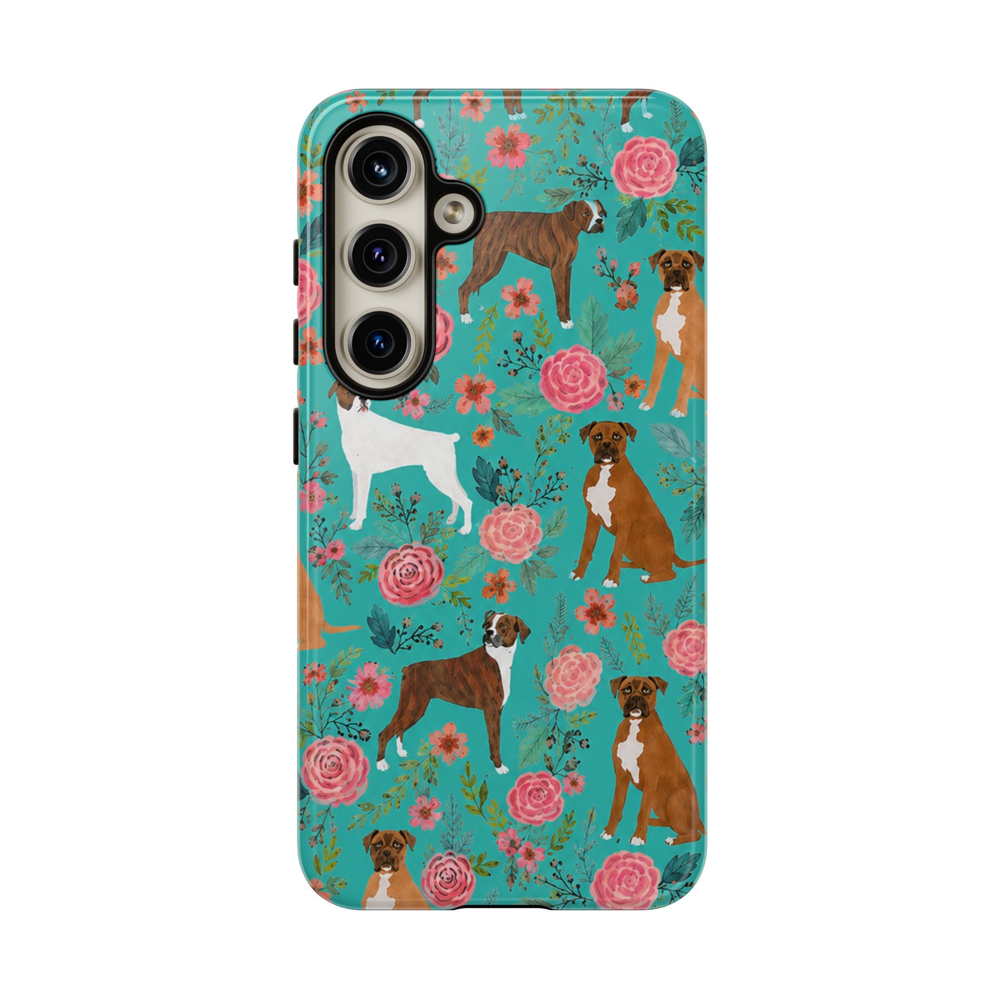 Boxer Dog Floral Phone Case — Teal Patterned Tough Cases
