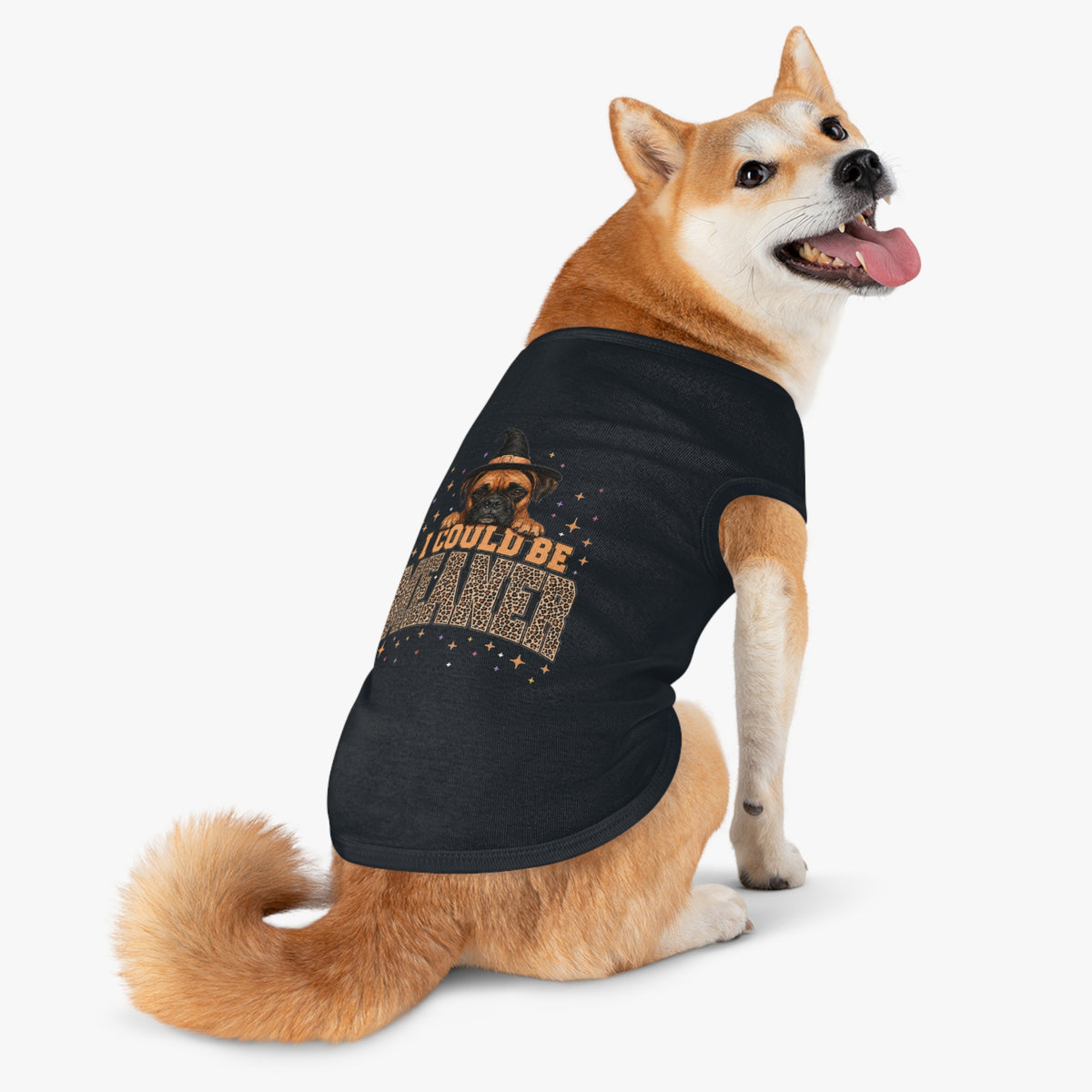 Halloween Dog Tank Top — “I Could Be Mean” Witch Hat & Leopard Print