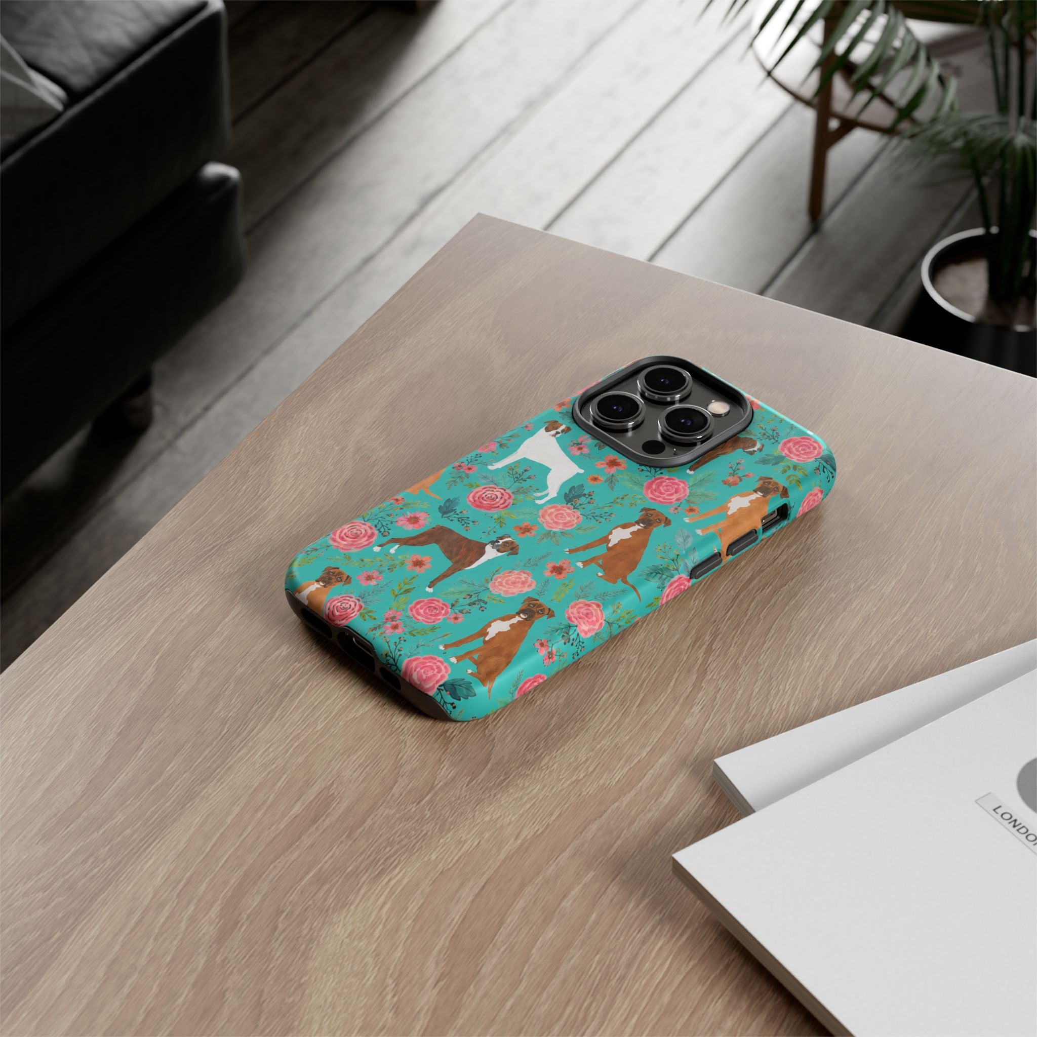 Boxer Dog Floral Phone Case — Teal Patterned Tough Cases