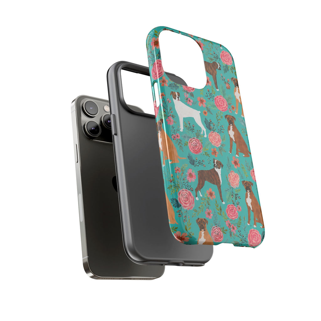 Boxer Dog Floral Phone Case — Teal Patterned Tough Cases