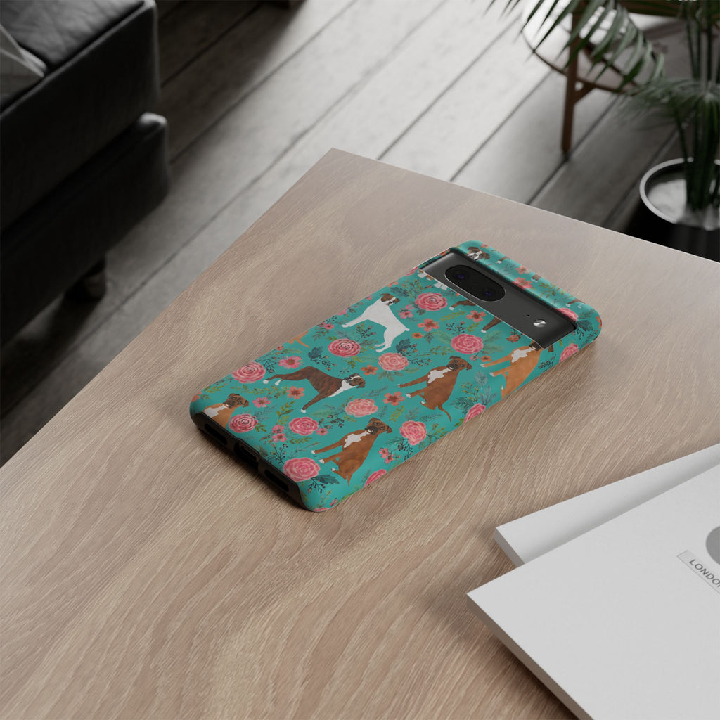Boxer Dog Floral Phone Case — Teal Patterned Tough Cases