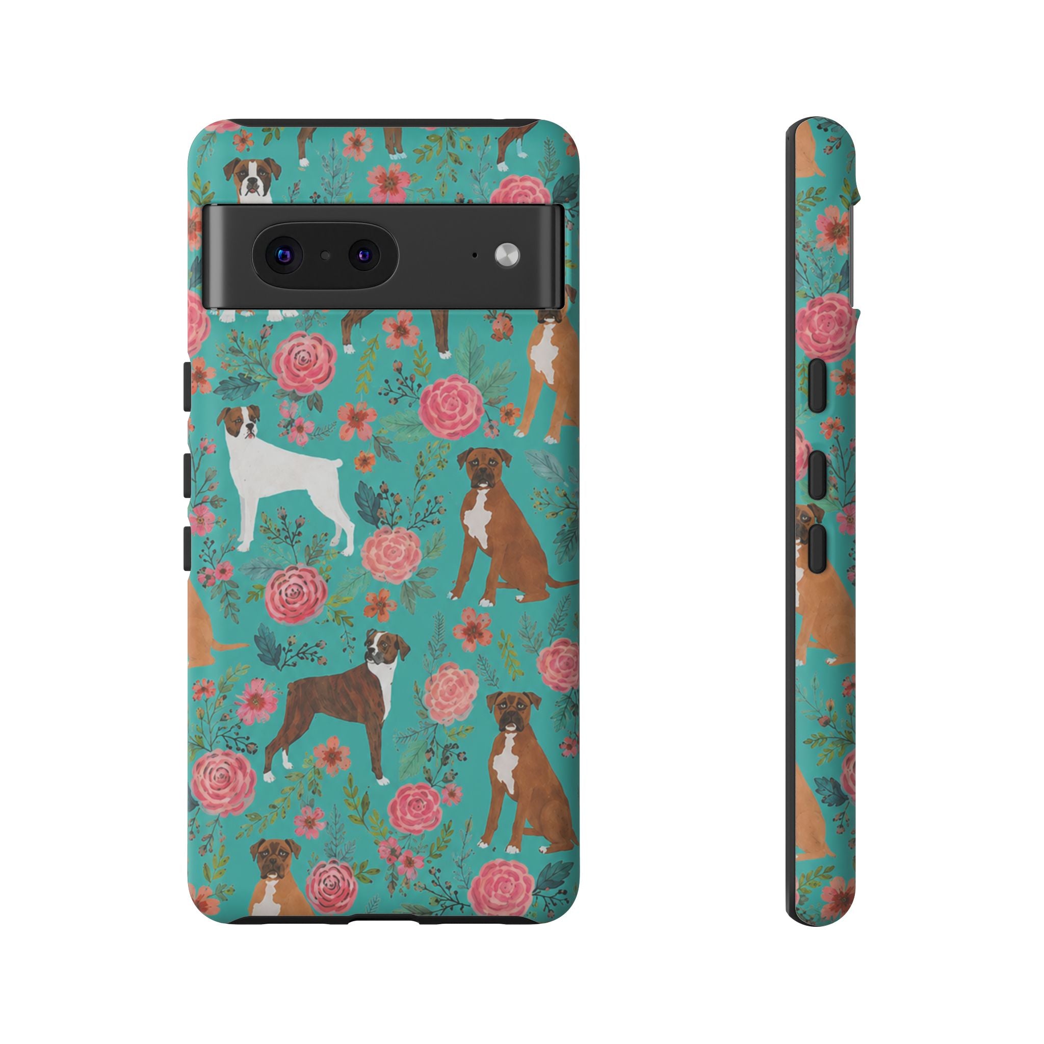 Boxer Dog Floral Phone Case — Teal Patterned Tough Cases