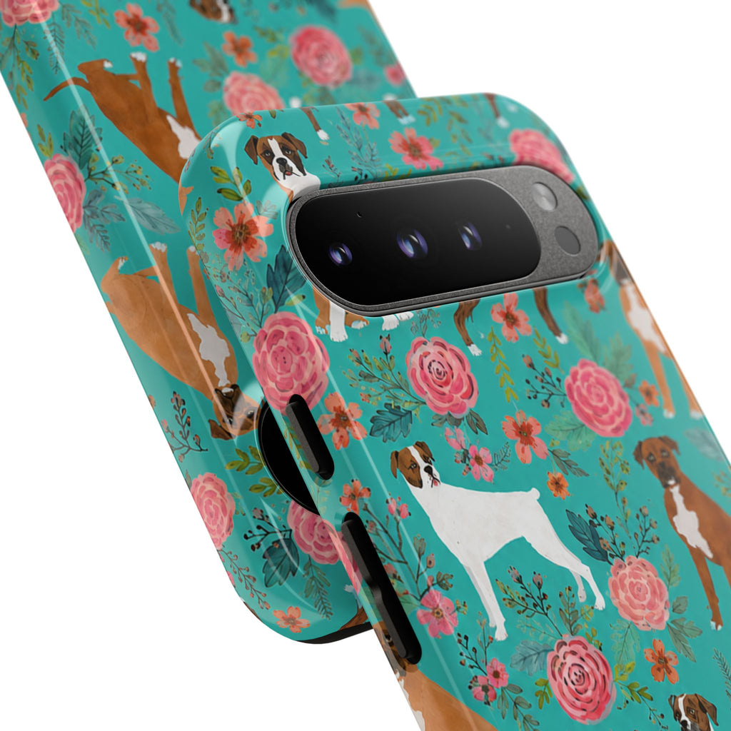 Boxer Dog Floral Phone Case — Teal Patterned Tough Cases