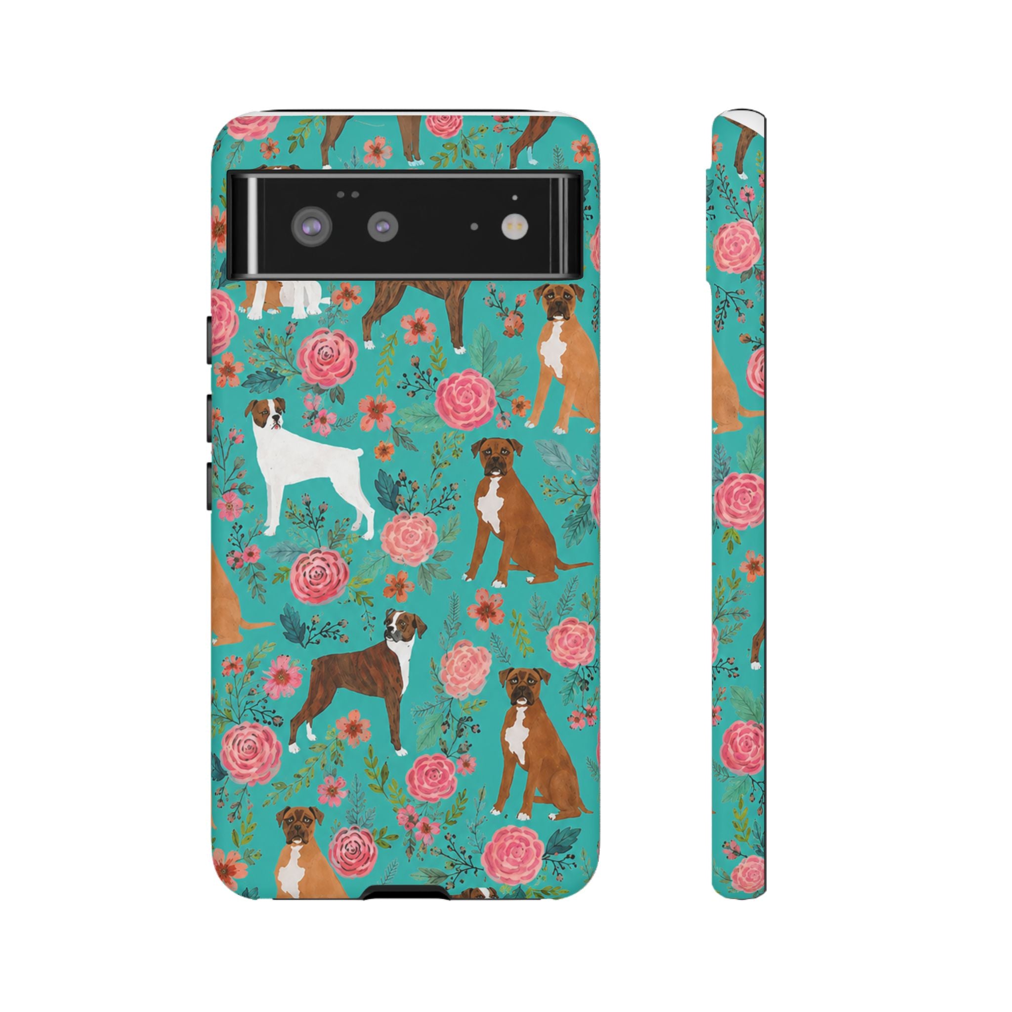 Boxer Dog Floral Phone Case — Teal Patterned Tough Cases