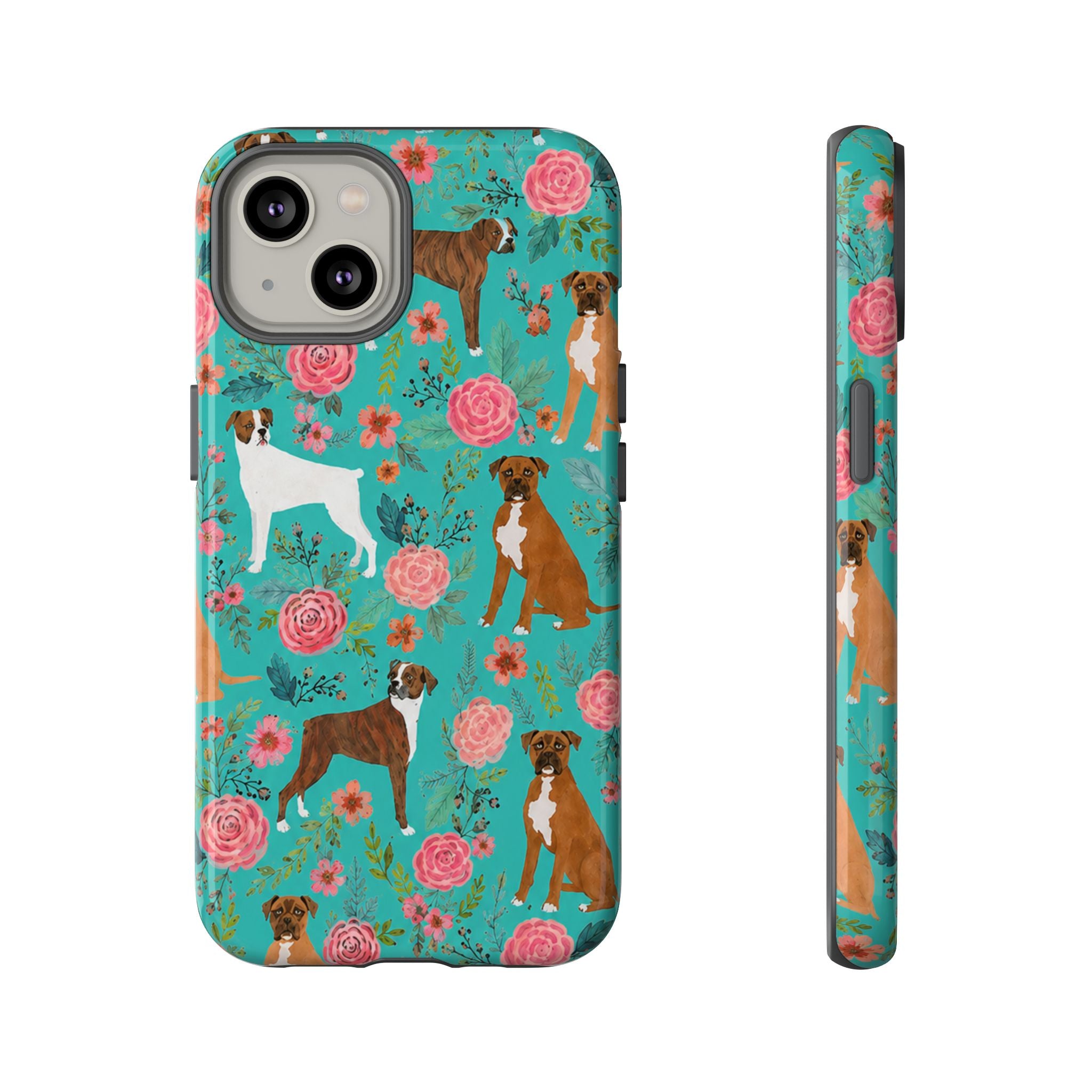 Boxer Dog Floral Phone Case — Teal Patterned Tough Cases
