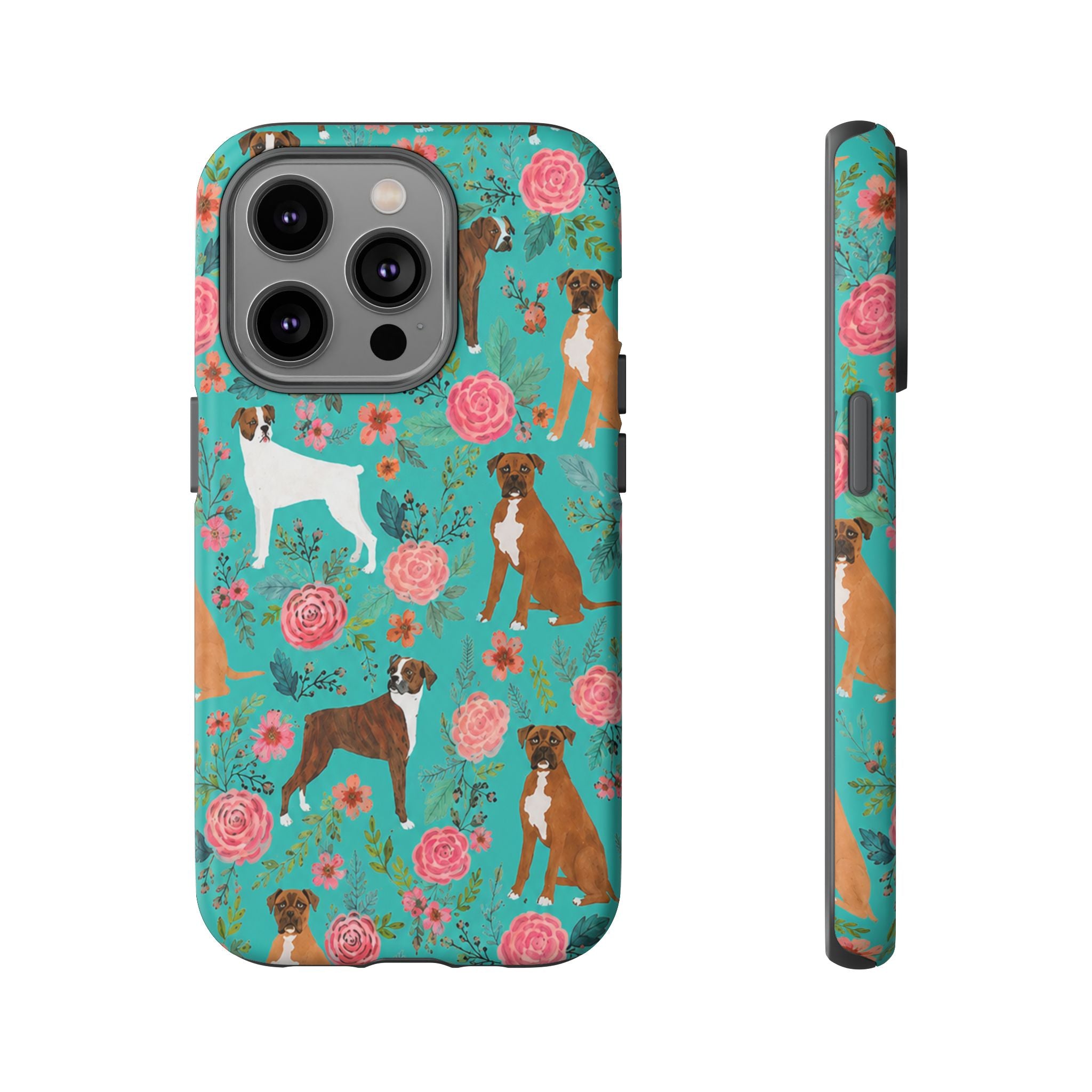 Boxer Dog Floral Phone Case — Teal Patterned Tough Cases