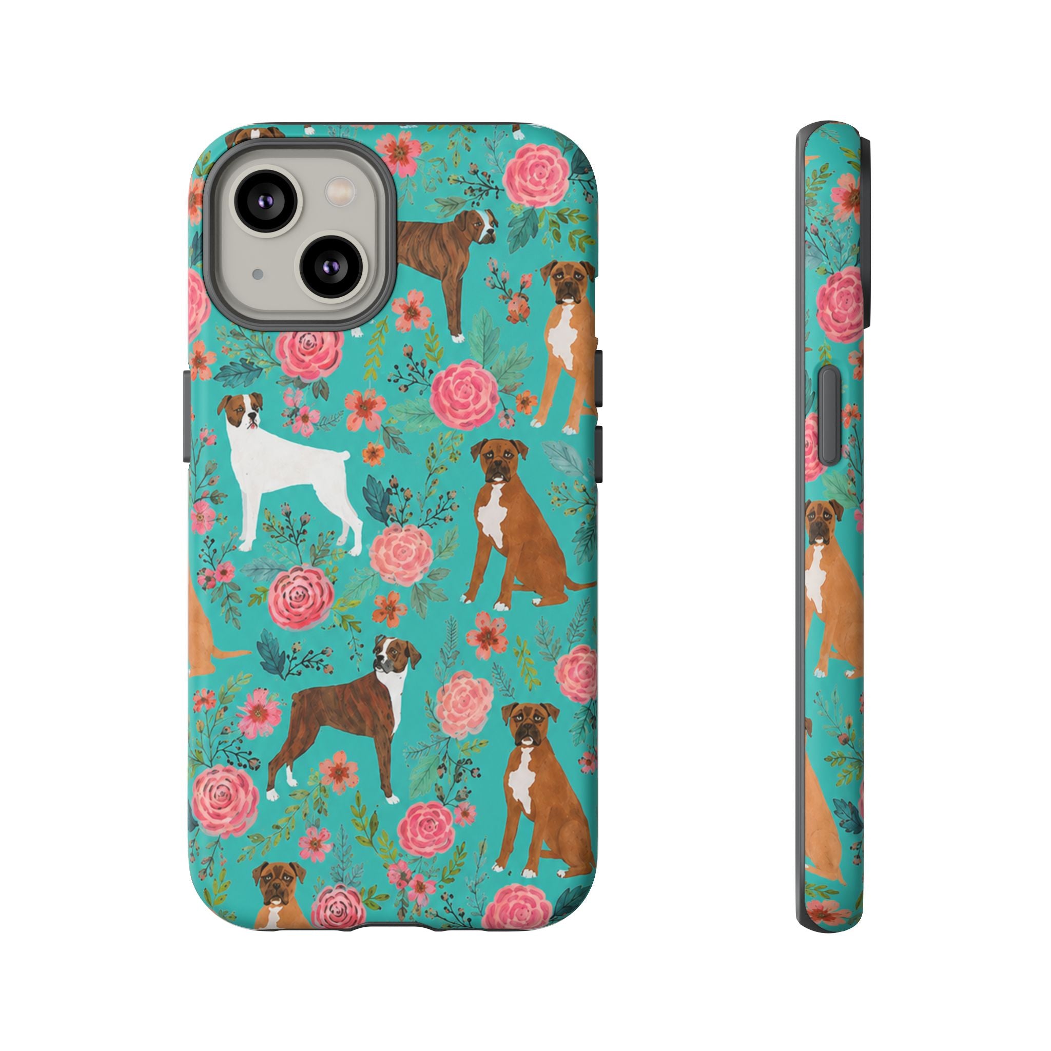 Boxer Dog Floral Phone Case — Teal Patterned Tough Cases