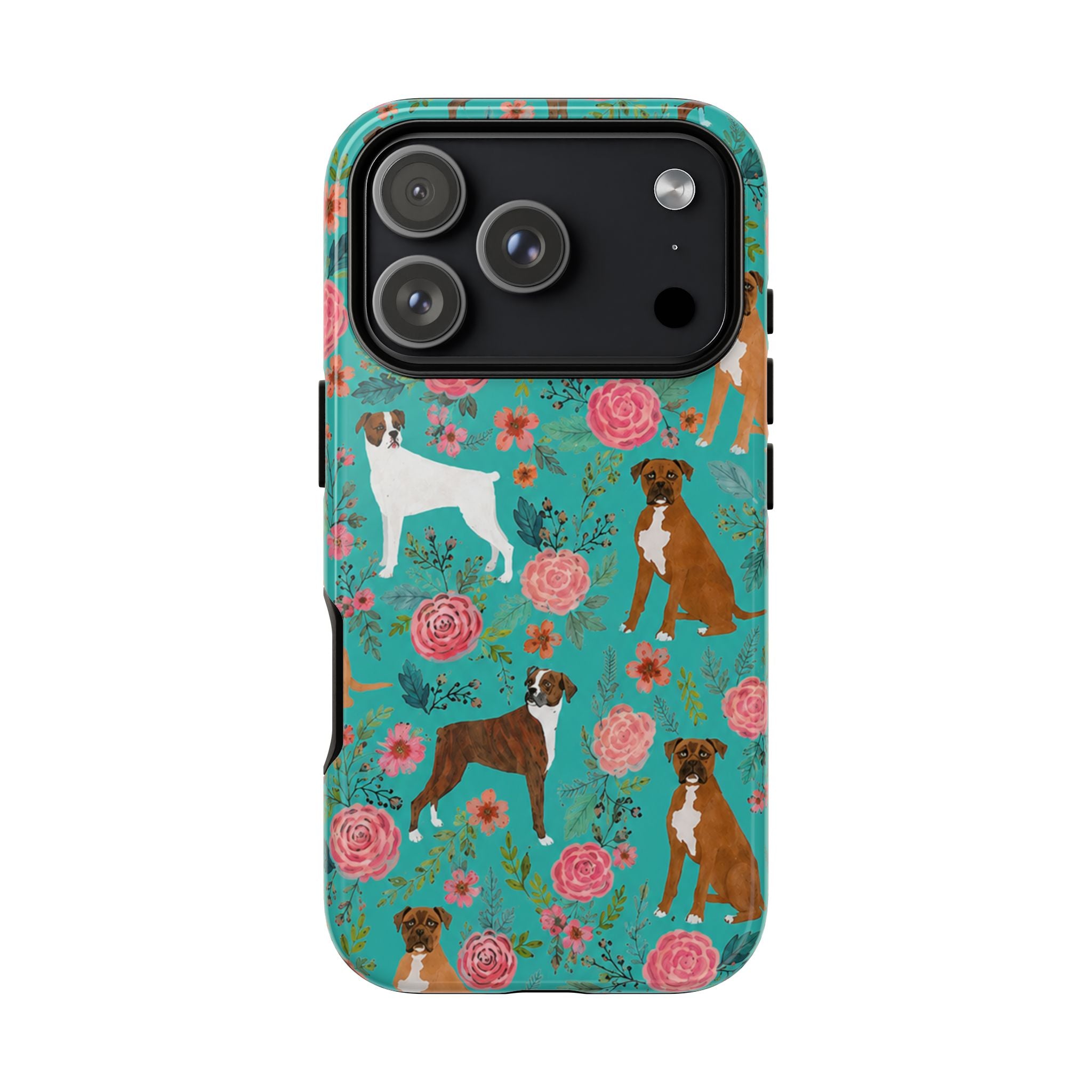 Boxer Dog Floral Phone Case — Teal Patterned Tough Cases