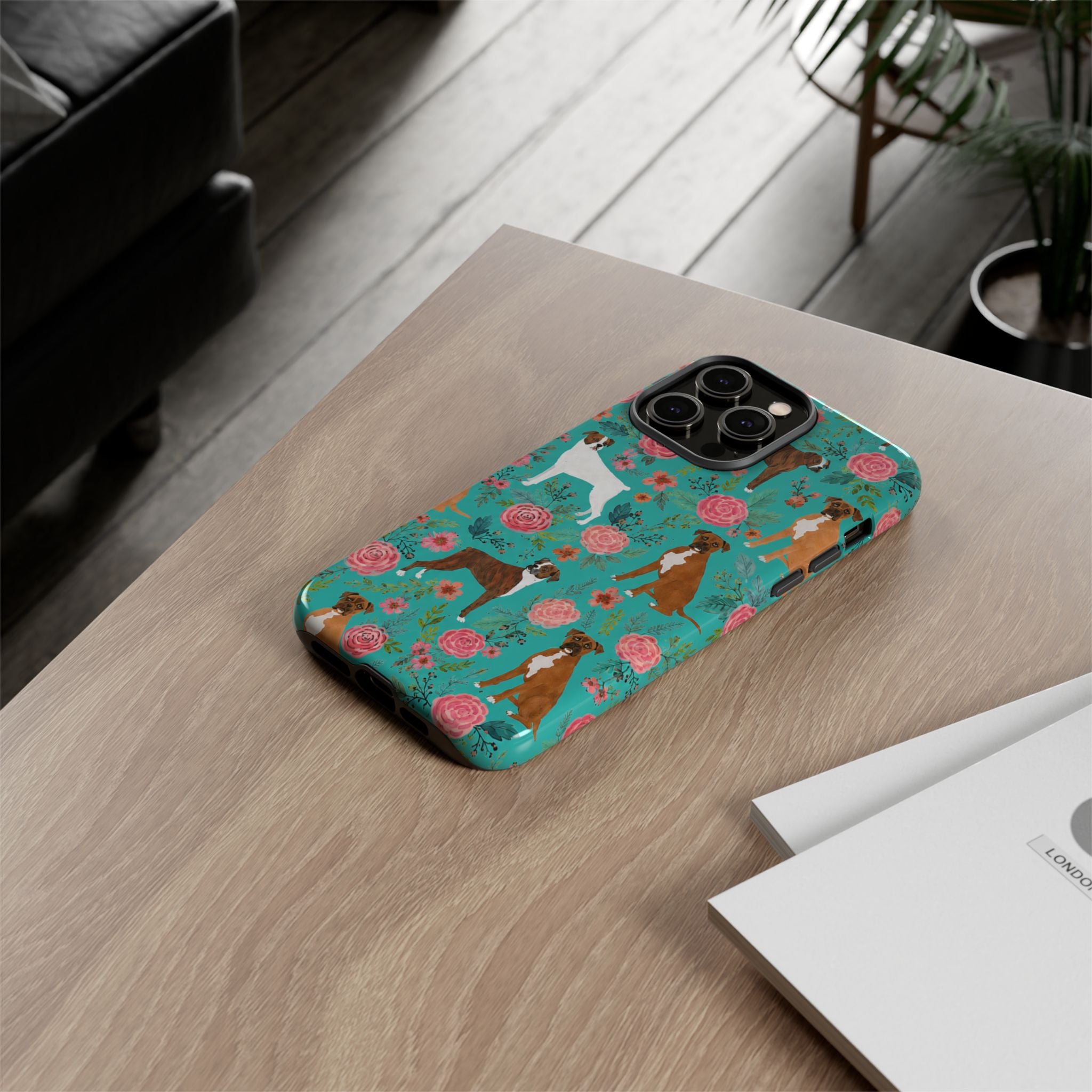 Boxer Dog Floral Phone Case — Teal Patterned Tough Cases