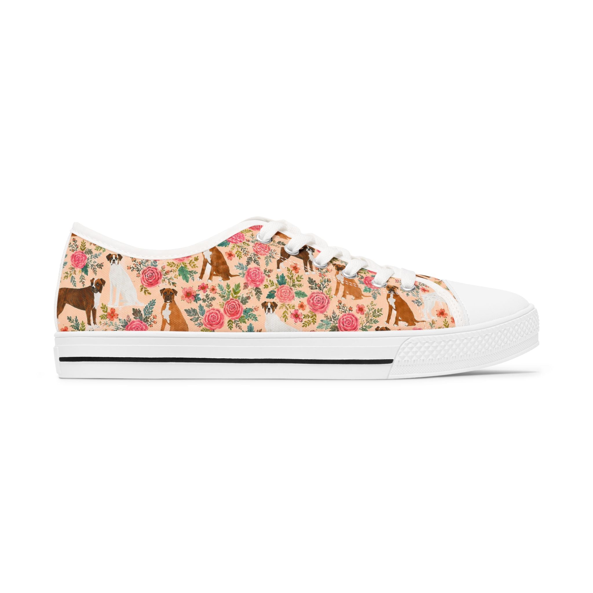 Floral Boxer Dog Pattern Sneakers Women's Low Top Sneakers | Pink Rose Animal Print