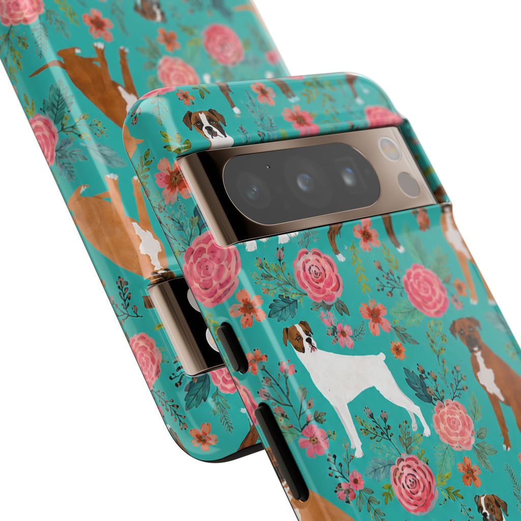Boxer Dog Floral Phone Case — Teal Patterned Tough Cases