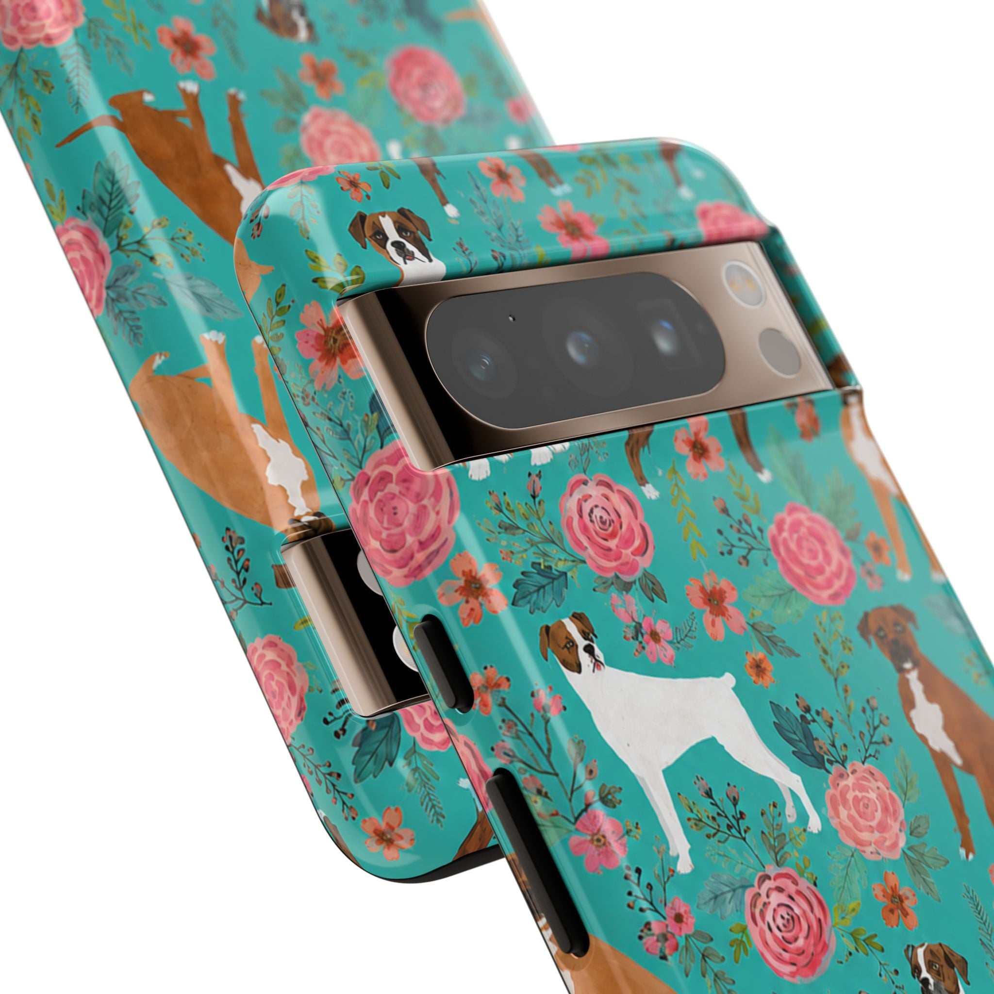 Boxer Dog Floral Phone Case — Teal Patterned Tough Cases