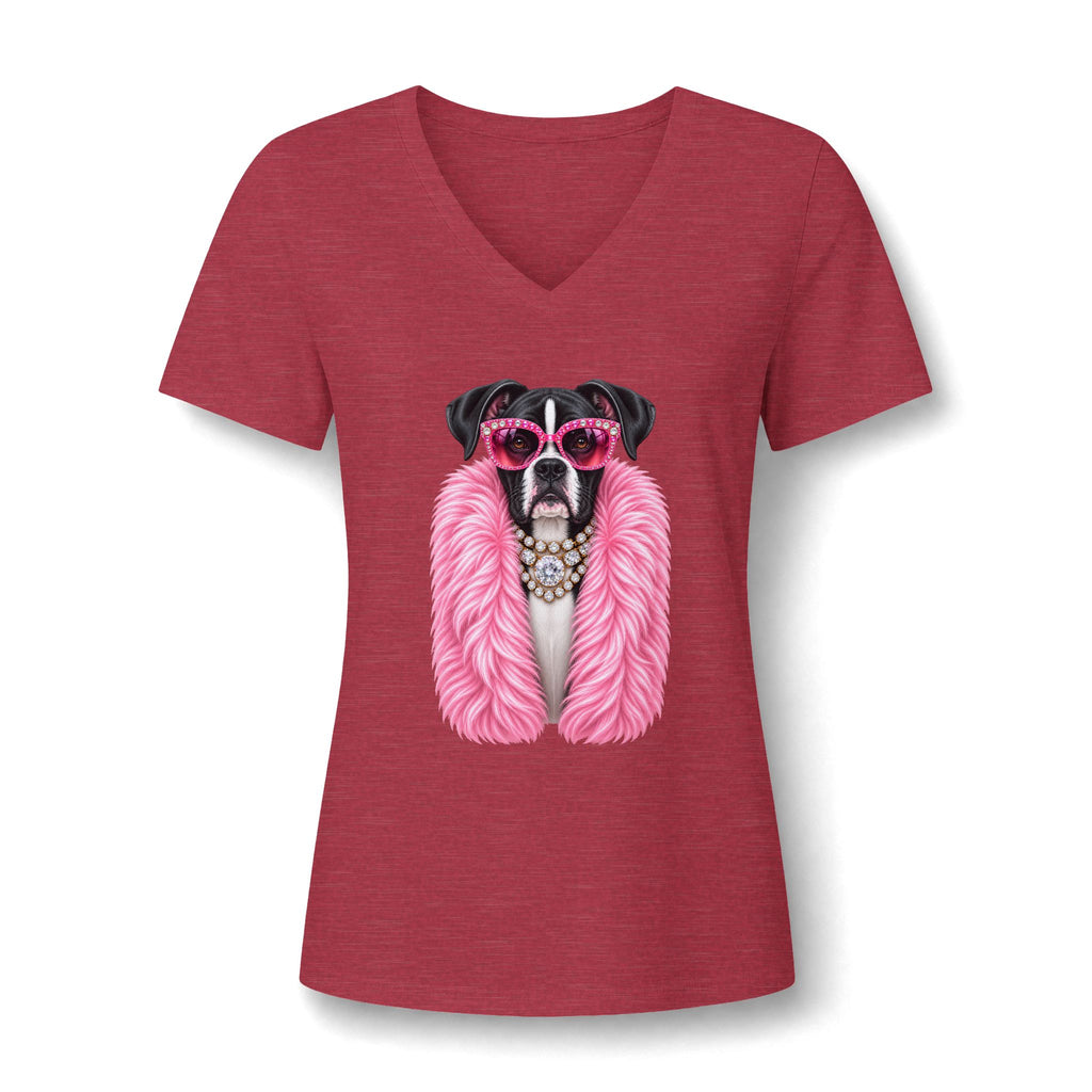 Women's V-Neck Tee — Glam Boxer Dog Graphic (Pink Fur & Sunglasses)