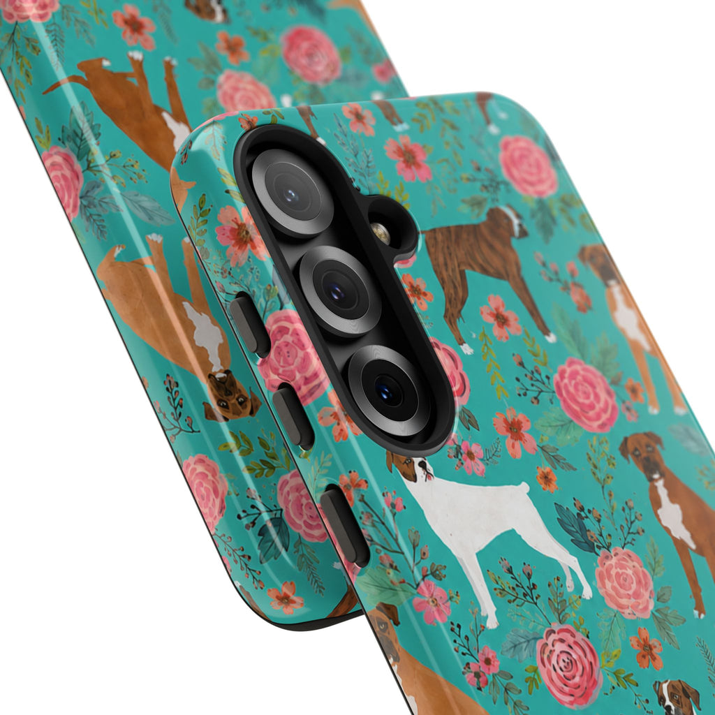 Boxer Dog Floral Phone Case — Teal Patterned Tough Cases
