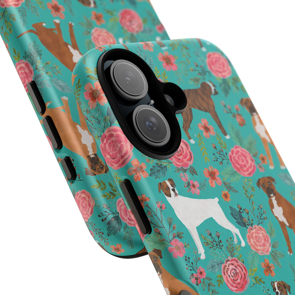 Boxer Dog Floral Phone Case — Teal Patterned Tough Cases