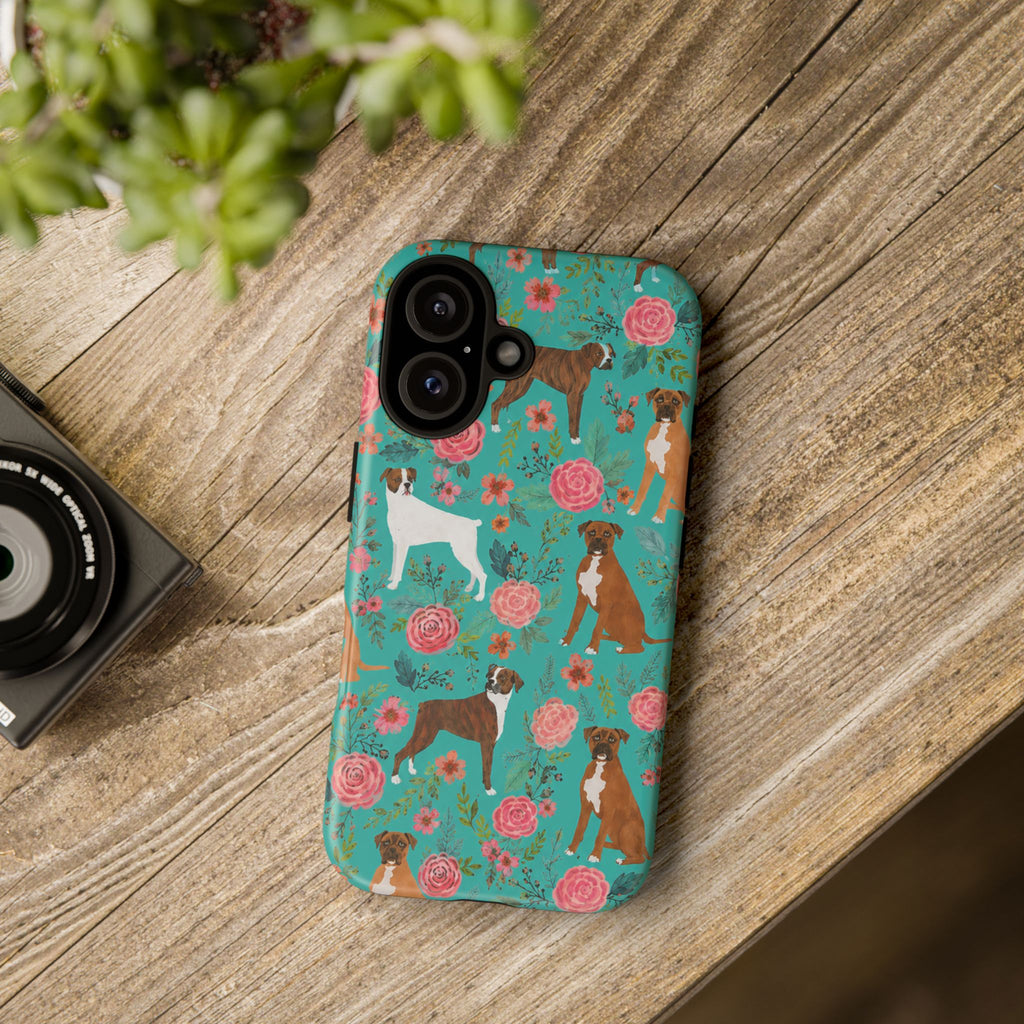 Boxer Dog Floral Phone Case — Teal Patterned Tough Cases