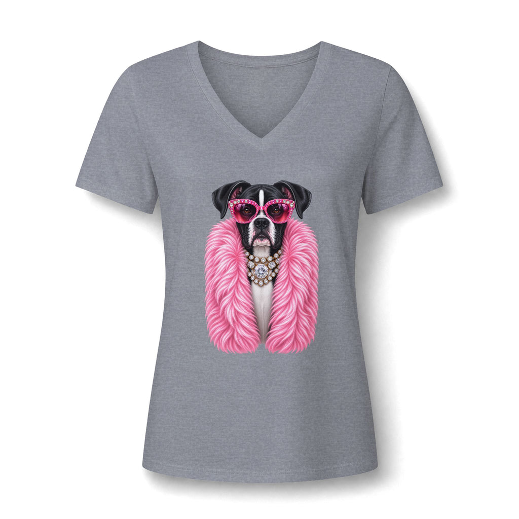 Women's V-Neck Tee — Glam Boxer Dog Graphic (Pink Fur & Sunglasses)