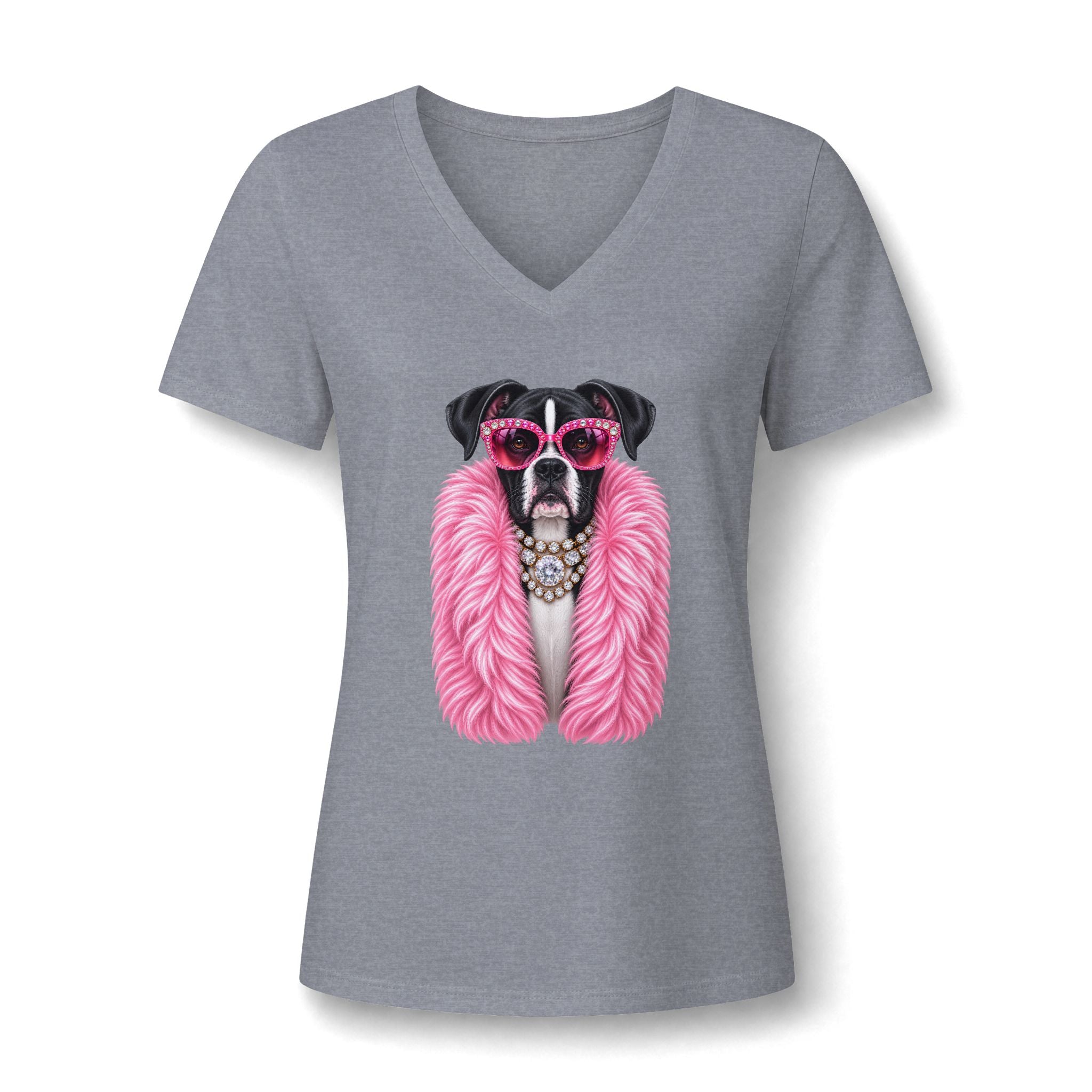 Women's V-Neck Tee — Glam Boxer Dog Graphic (Pink Fur & Sunglasses)